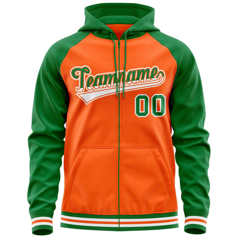 Custom Stitched Orange Kelly Green Raglan Sleeves Sports Full-Zip Sweatshirt Hoodie