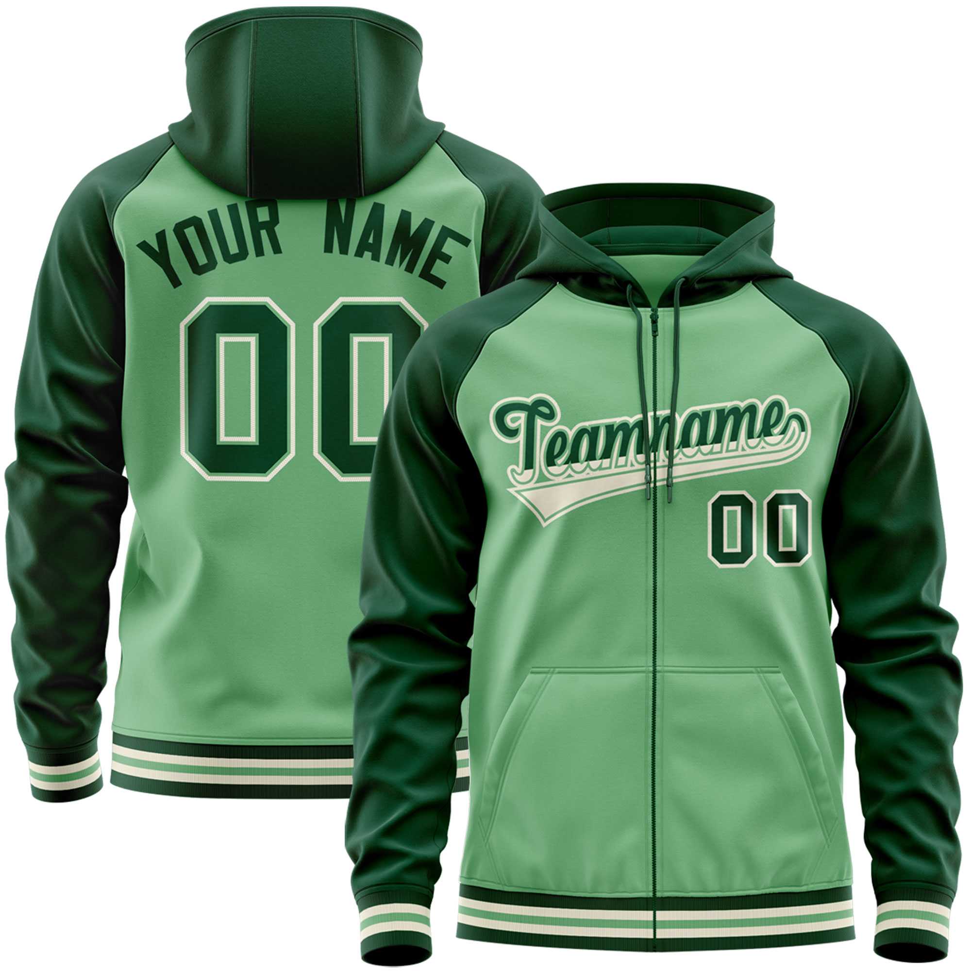 Custom Stitched Green Raglan Sleeves Sports Full-Zip Sweatshirt Hoodie