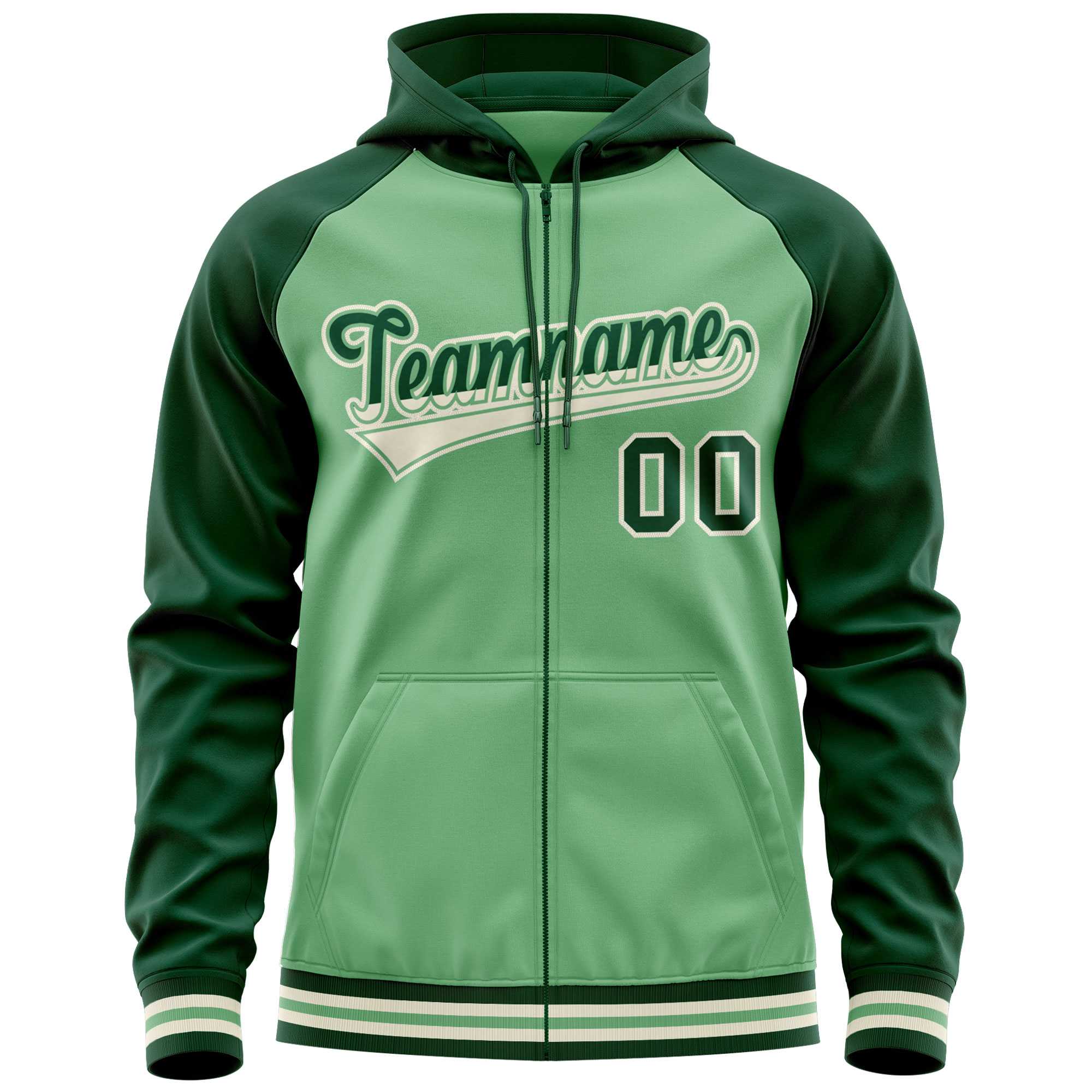 Custom Stitched Green Raglan Sleeves Sports Full-Zip Sweatshirt Hoodie