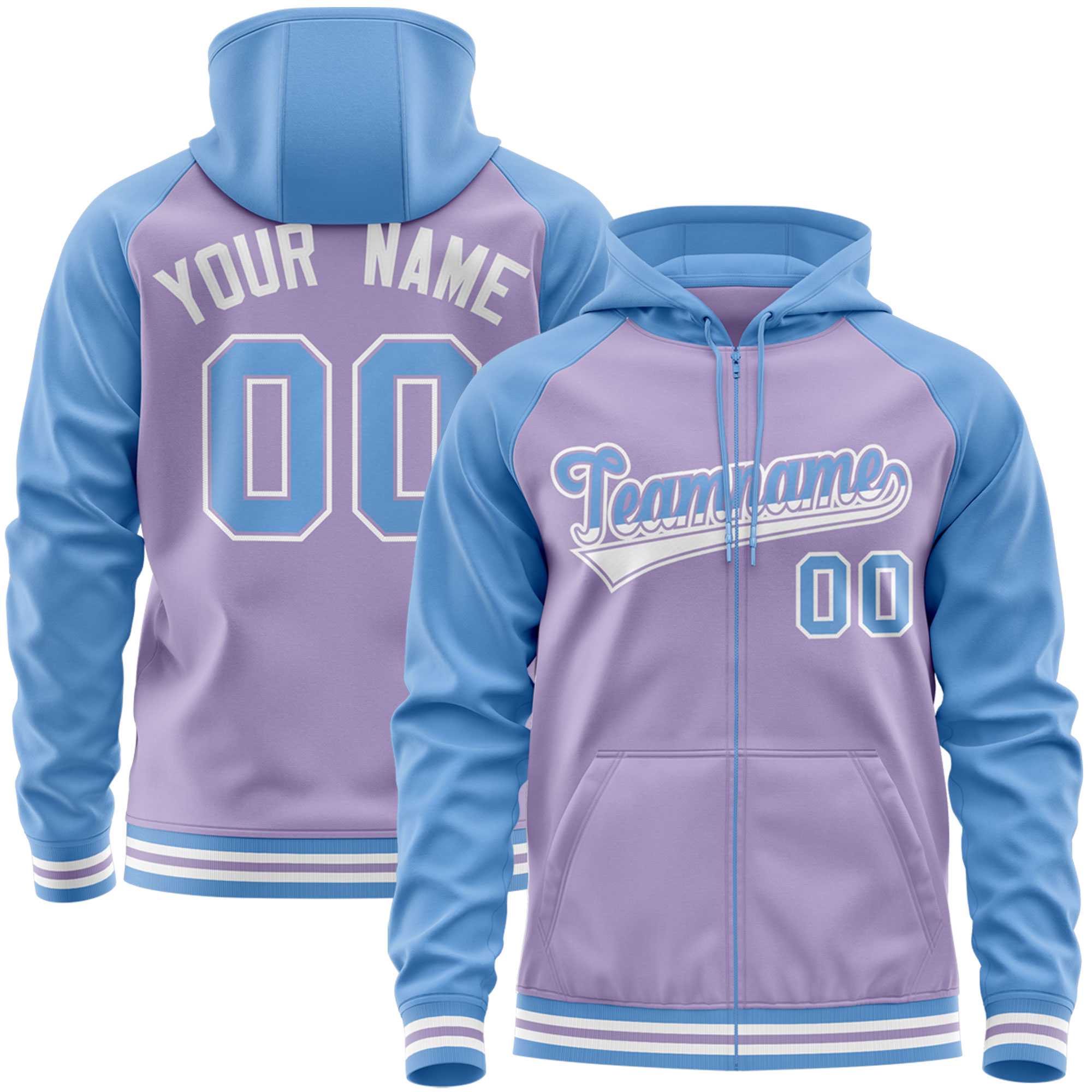 Custom Stitched Light Purple Powder Blue Raglan Sleeves Sports Full-Zip Sweatshirt Hoodie