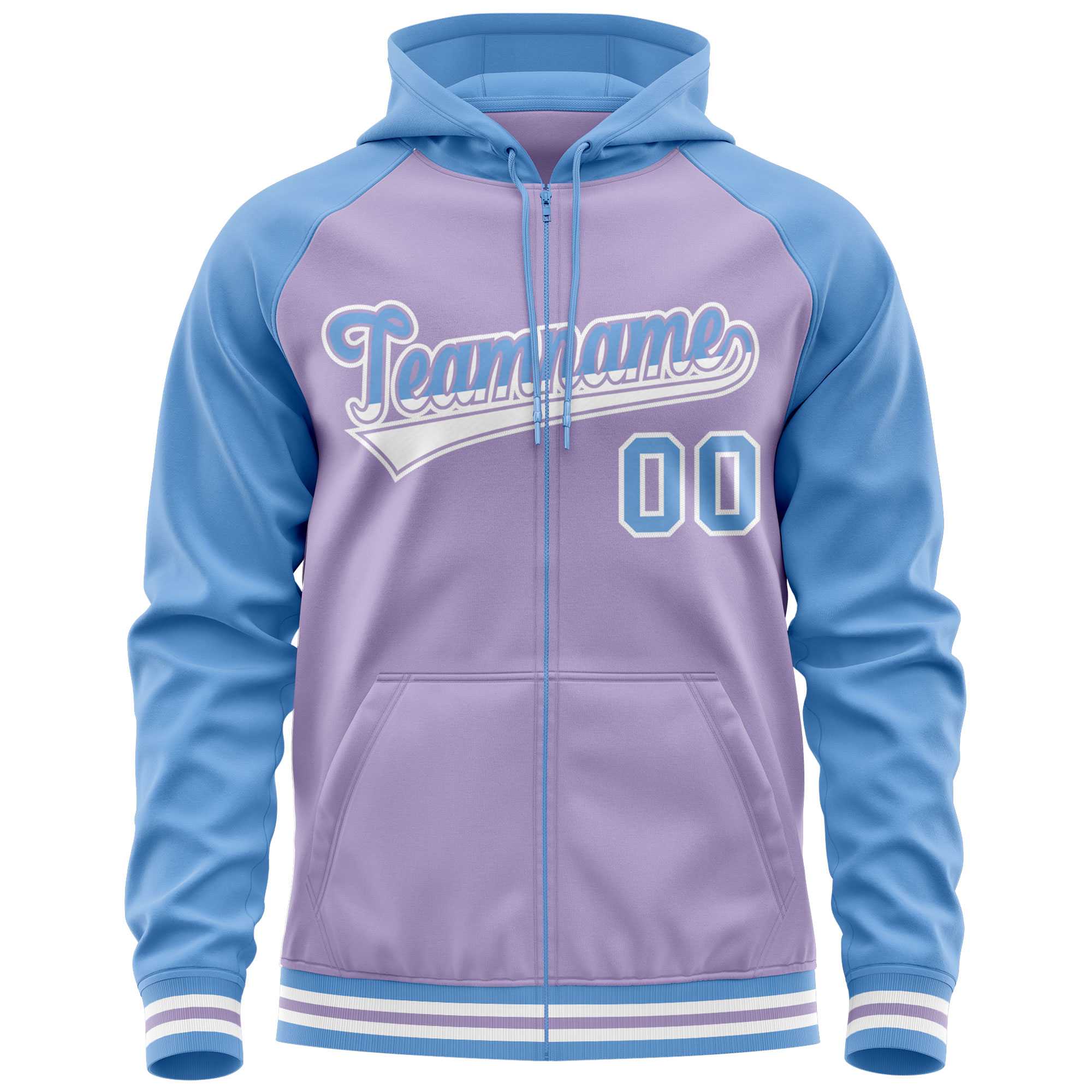 Custom Stitched Light Purple Powder Blue Raglan Sleeves Sports Full-Zip Sweatshirt Hoodie