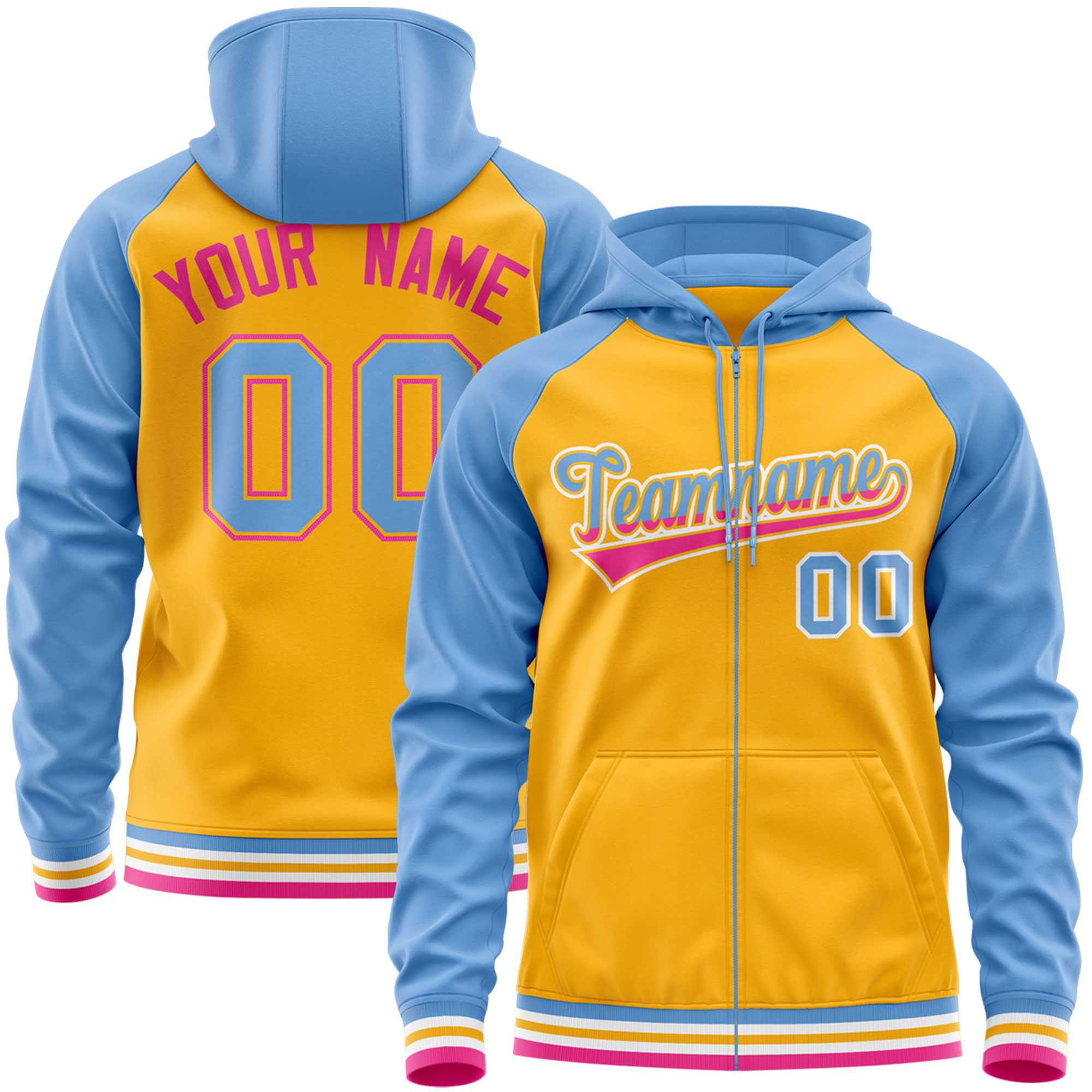 Custom Stitched Yellow Powder Blue Raglan Sleeves Sports Full-Zip Sweatshirt Hoodie