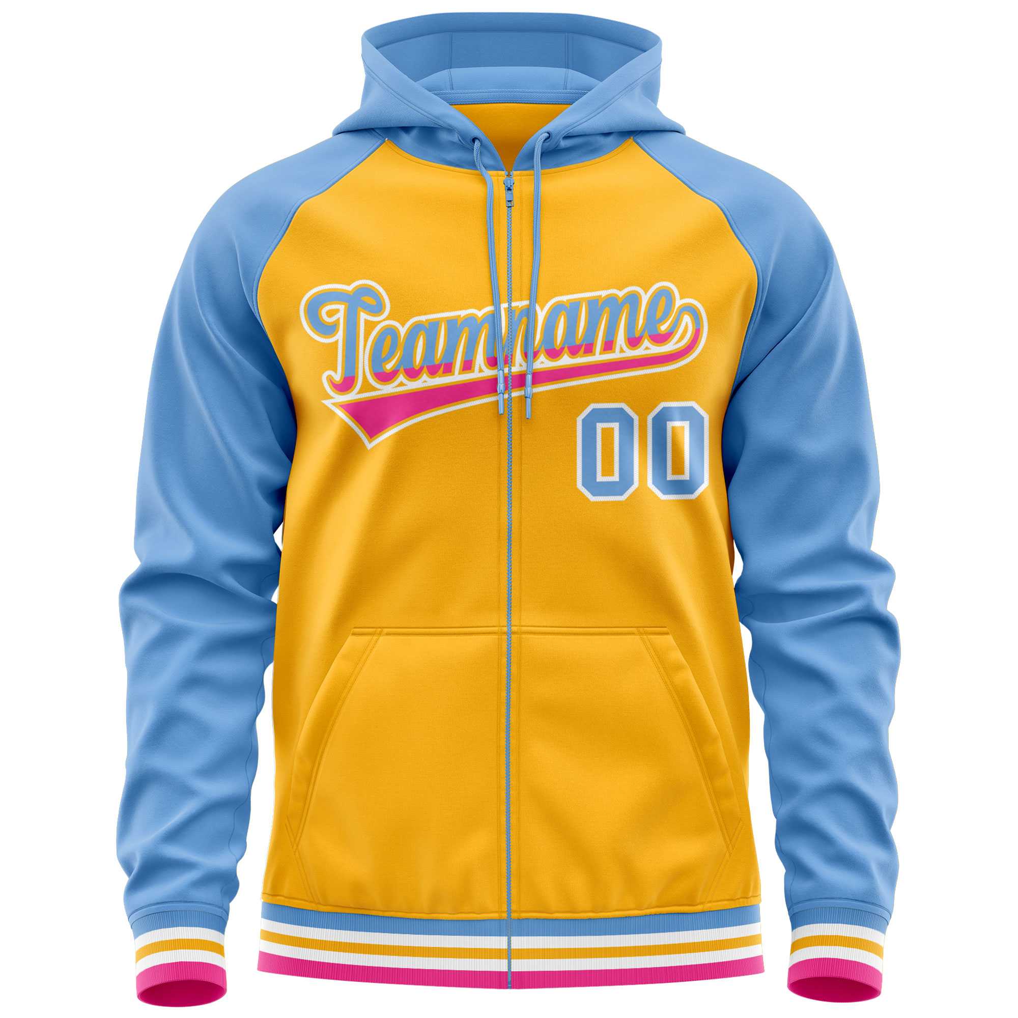 Custom Stitched Yellow Powder Blue Raglan Sleeves Sports Full-Zip Sweatshirt Hoodie