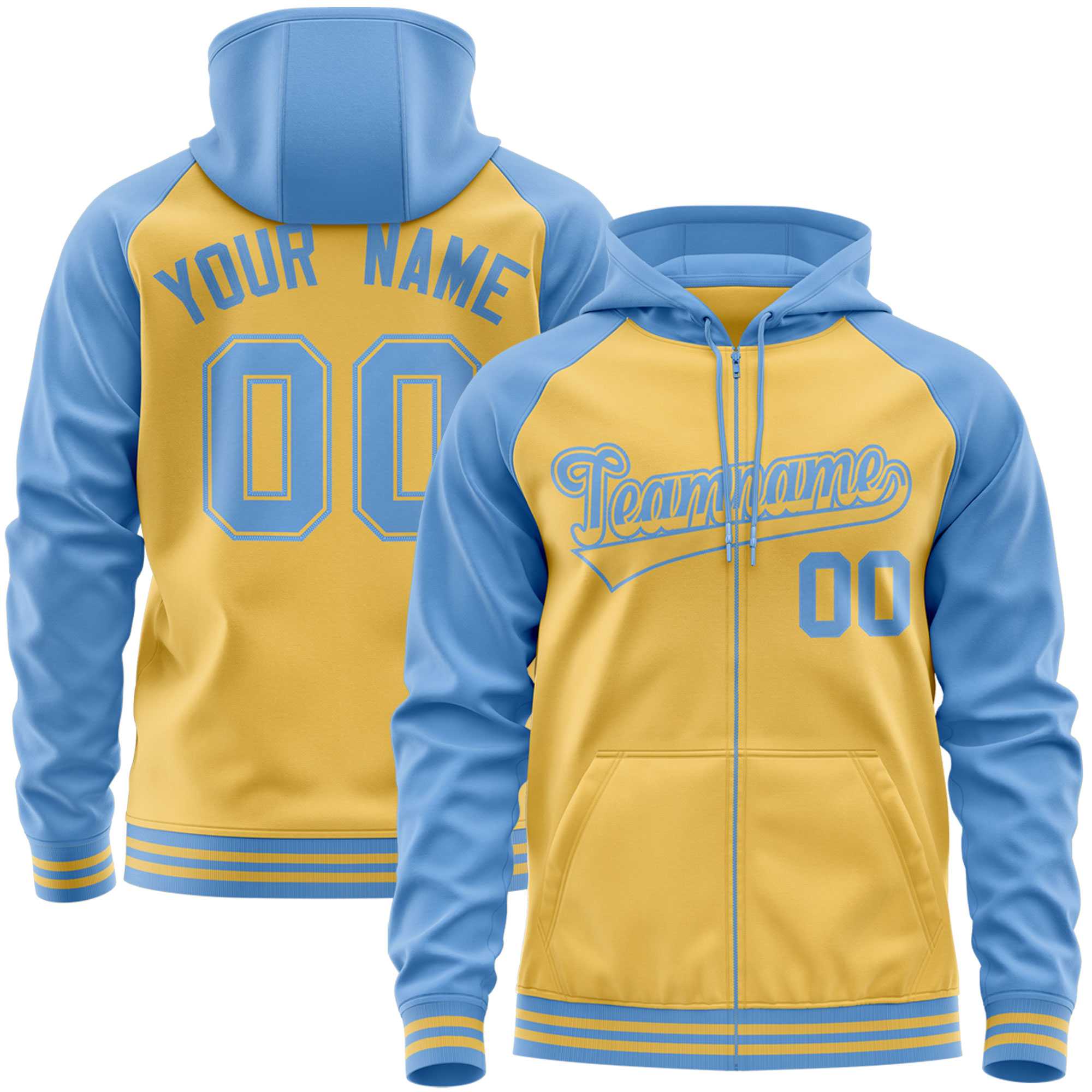 Custom Stitched Yellow Powder Blue Raglan Sleeves Sports Full-Zip Sweatshirt Hoodie