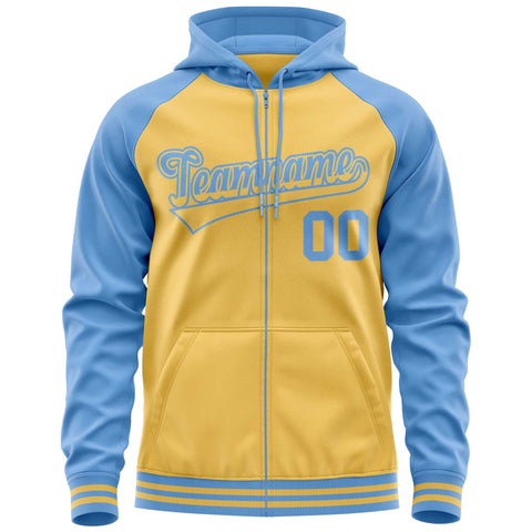 Custom Stitched Yellow Powder Blue Raglan Sleeves Sports Full-Zip Sweatshirt Hoodie