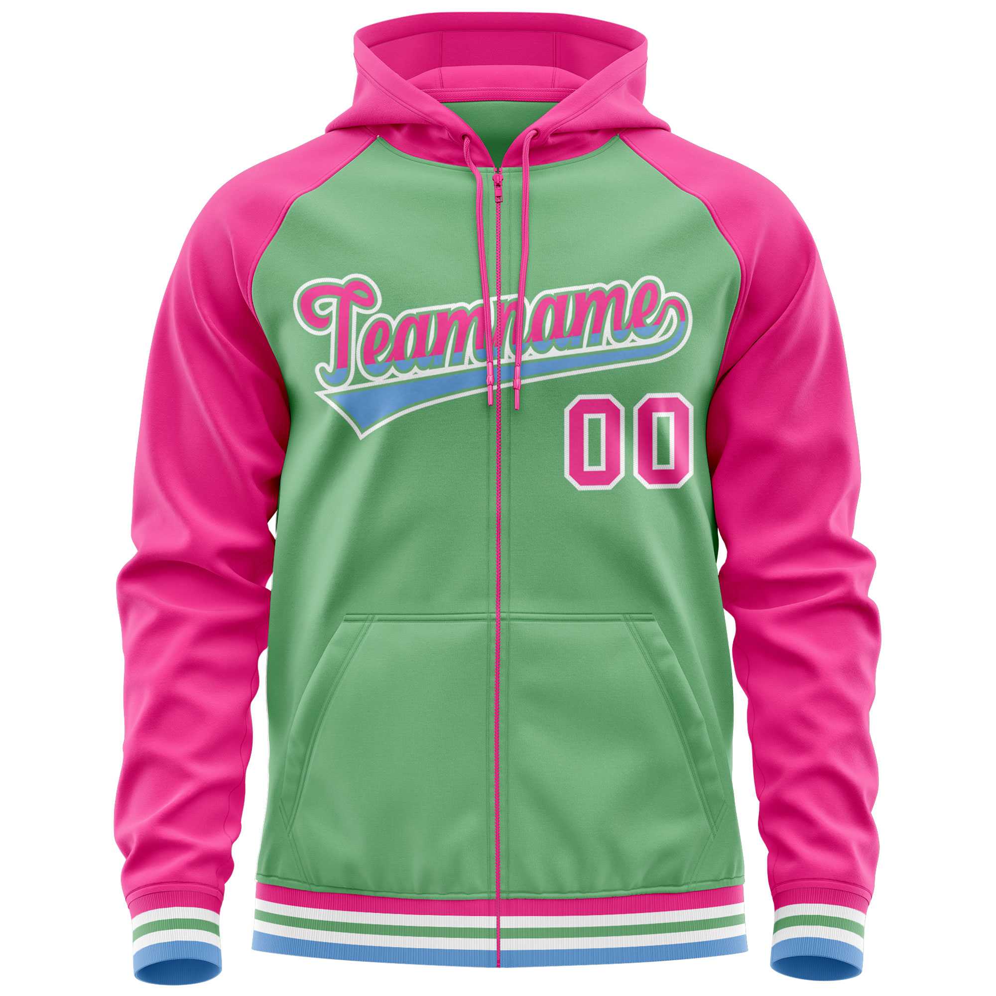 Custom Stitched Green Pink Raglan Sleeves Sports Full-Zip Sweatshirt Hoodie