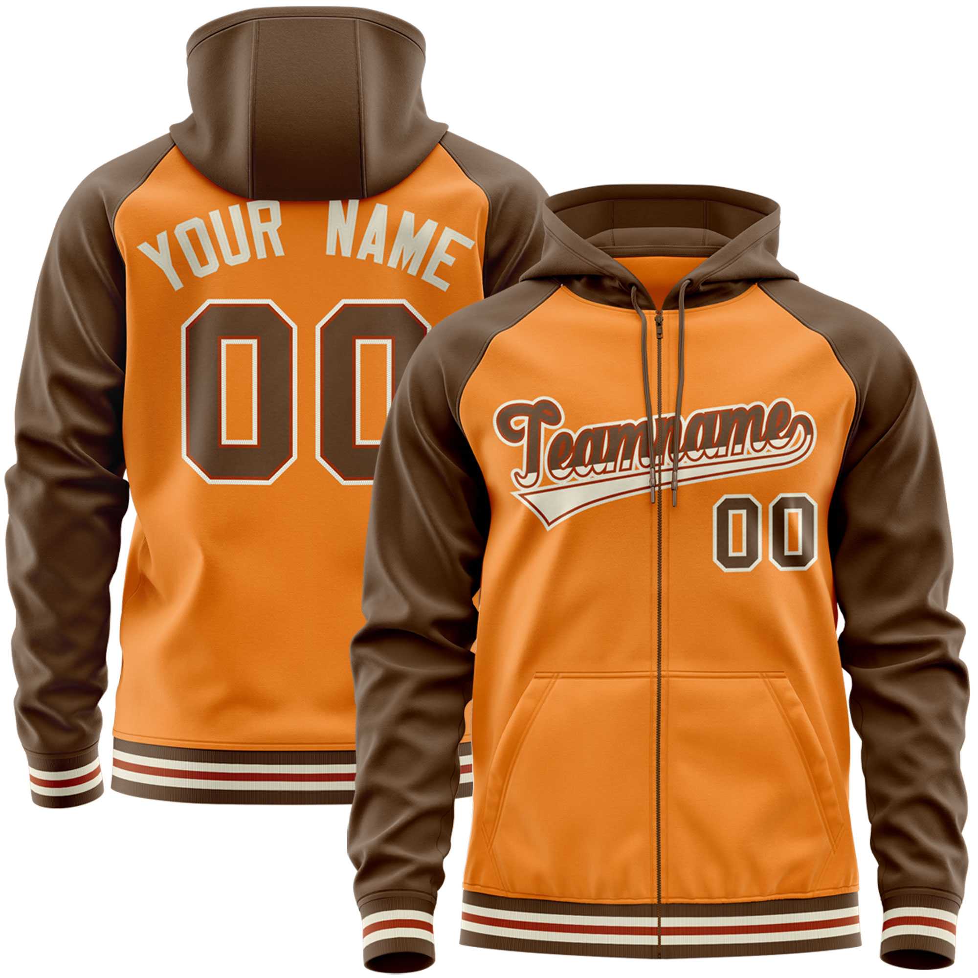 Custom Stitched Light Orange Light Brown Raglan Sleeves Sports Full-Zip Sweatshirt Hoodie