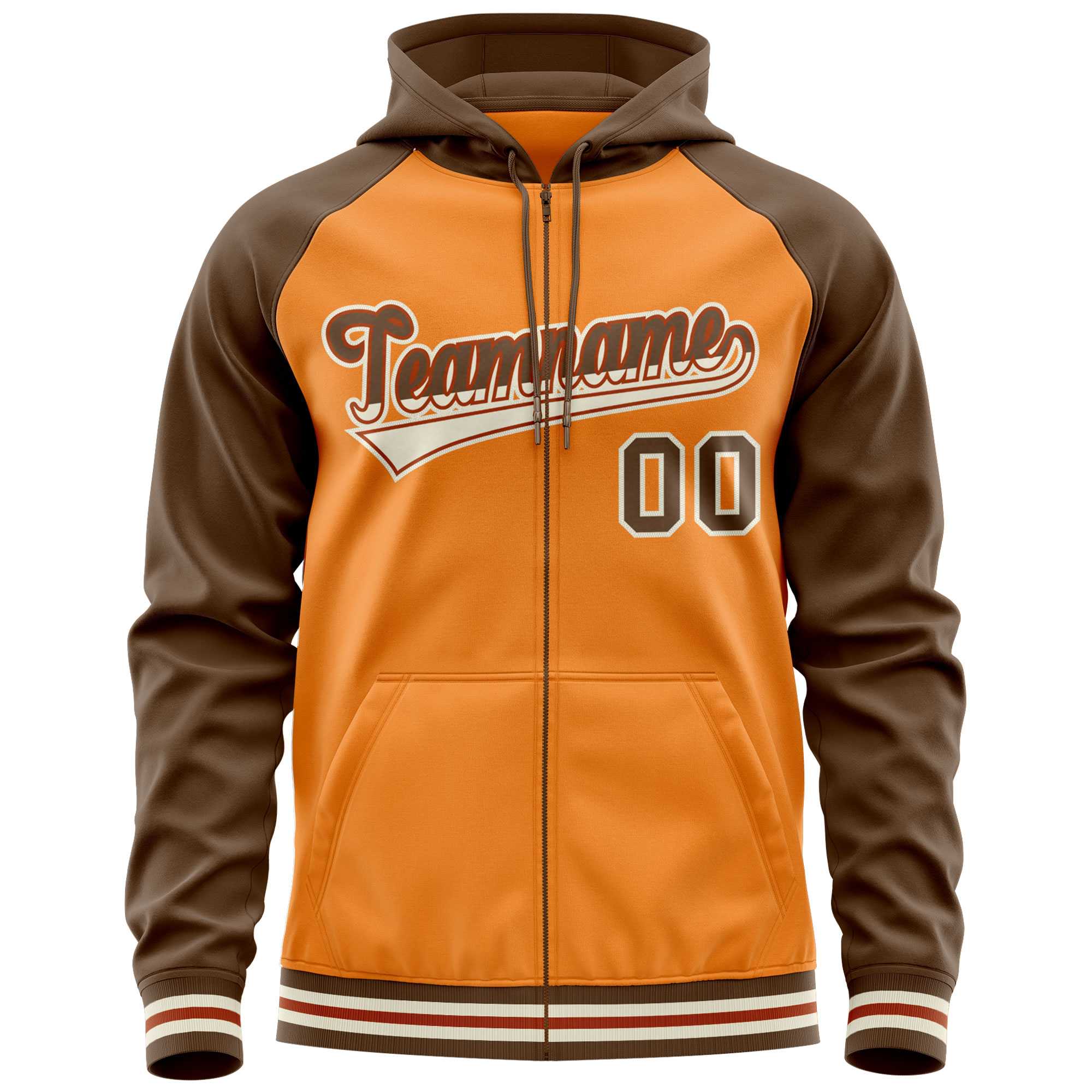 Custom Stitched Light Orange Light Brown Raglan Sleeves Sports Full-Zip Sweatshirt Hoodie