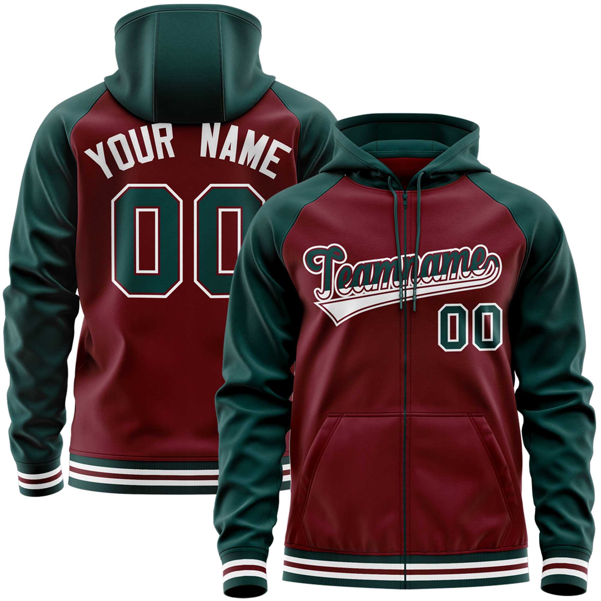 Custom Stitched Crimson Midnight Green Raglan Sleeves Sports Full-Zip Sweatshirt Hoodie