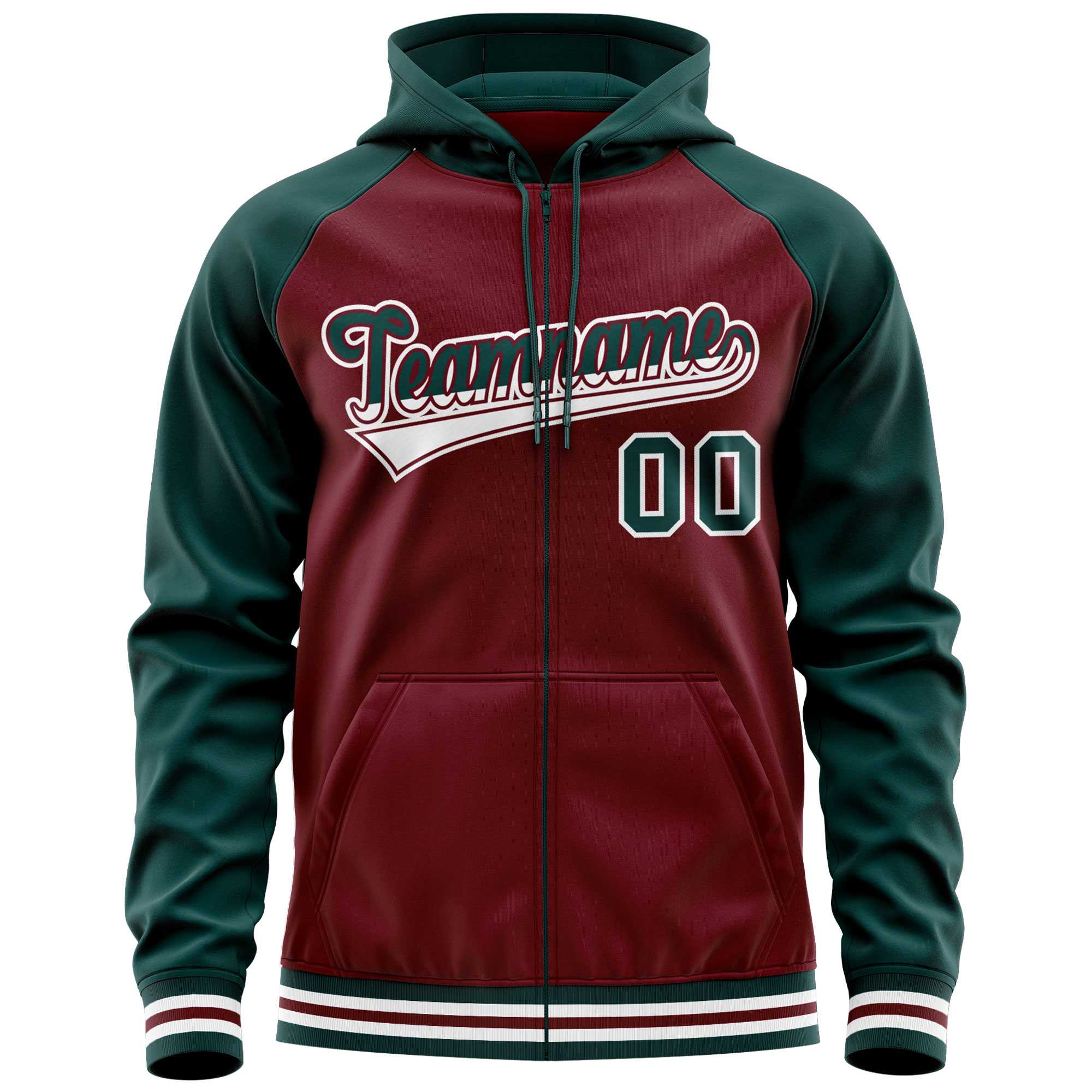 Custom Stitched Crimson Midnight Green Raglan Sleeves Sports Full-Zip Sweatshirt Hoodie