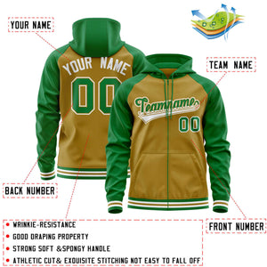 Custom Stitched Old Gold Kelly Green Raglan Sleeves Sports Full-Zip Sweatshirt Hoodie