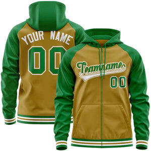 Custom Stitched Old Gold Kelly Green Raglan Sleeves Sports Full-Zip Sweatshirt Hoodie