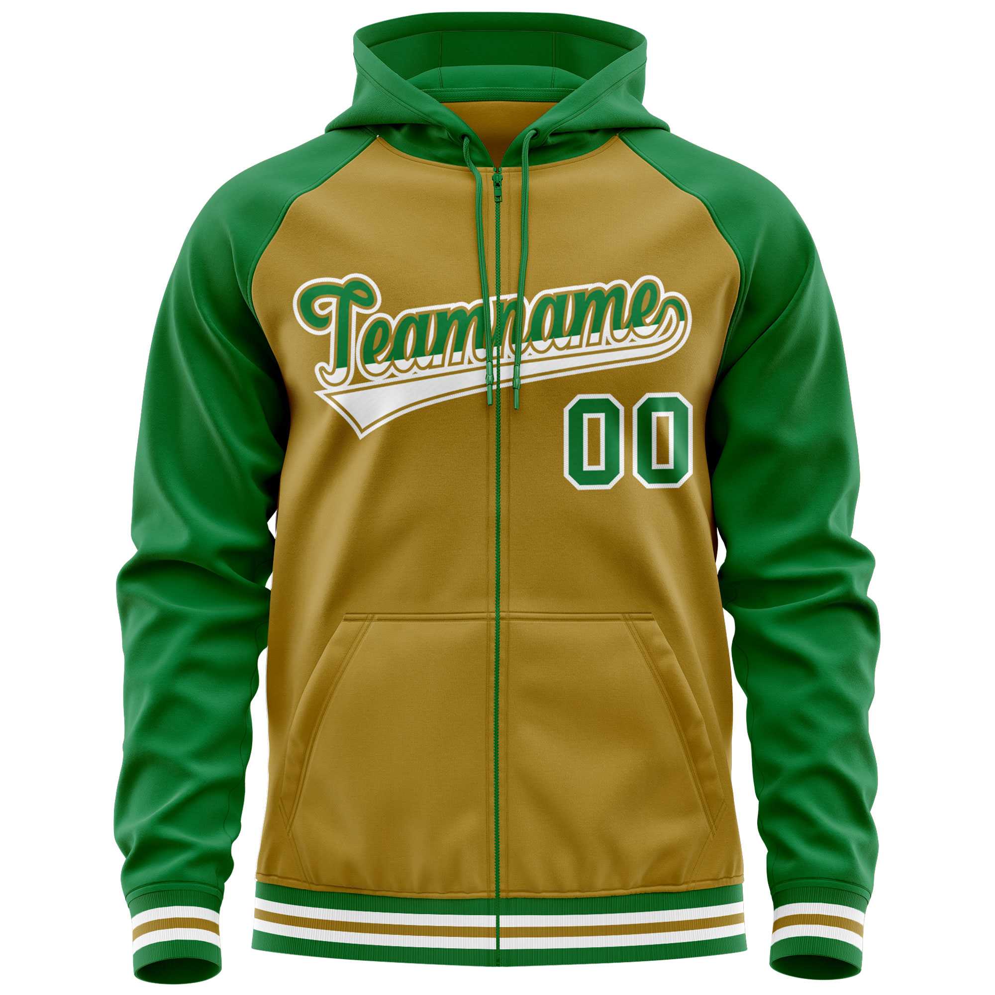 Custom Stitched Old Gold Kelly Green Raglan Sleeves Sports Full-Zip Sweatshirt Hoodie