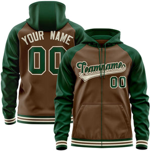 Custom Stitched Light Brown Green Raglan Sleeves Sports Full-Zip Sweatshirt Hoodie