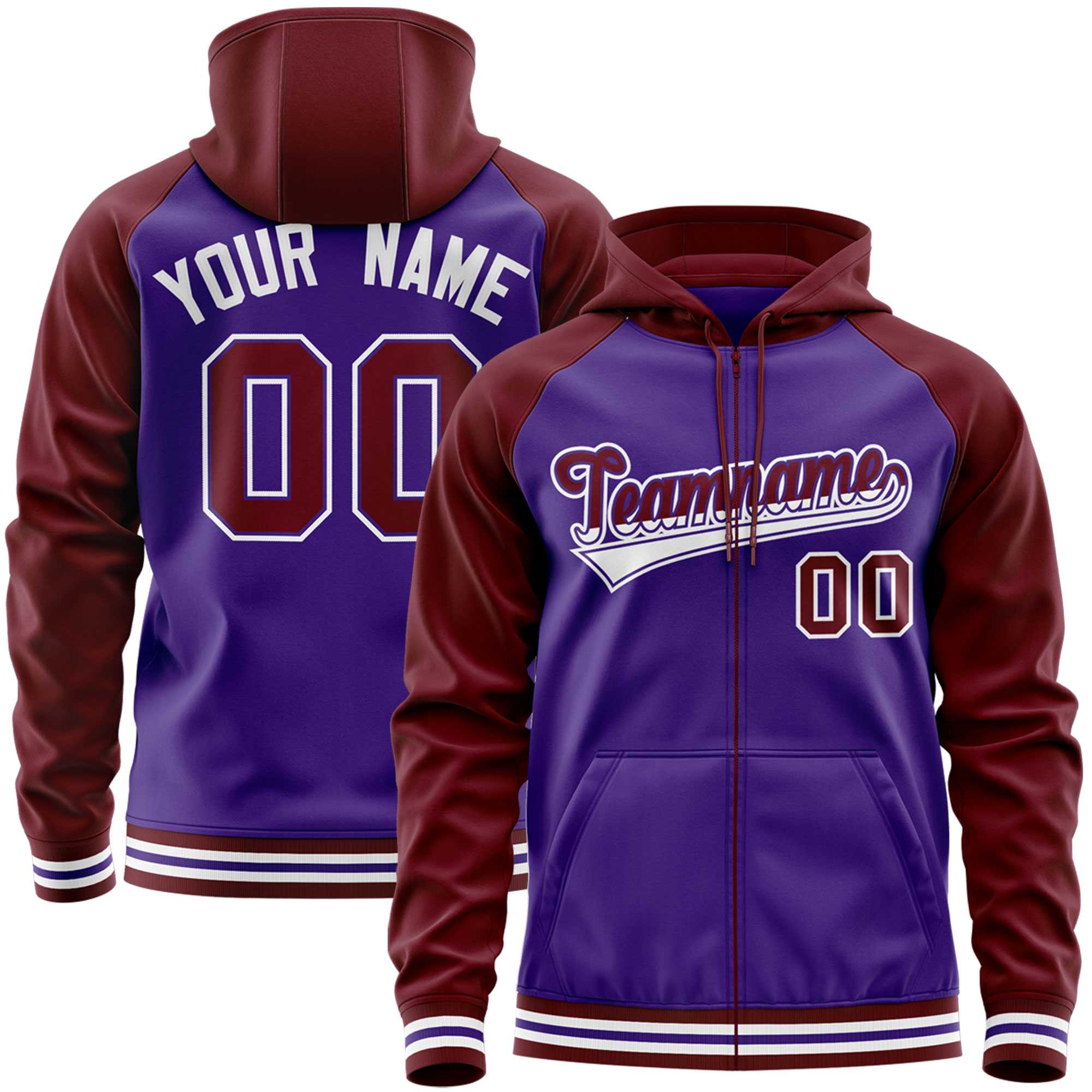 Custom Stitched Purple Crimson Raglan Sleeves Sports Full-Zip Sweatshirt Hoodie