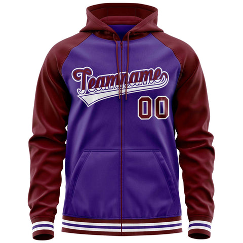 Custom Stitched Purple Crimson Raglan Sleeves Sports Full-Zip Sweatshirt Hoodie