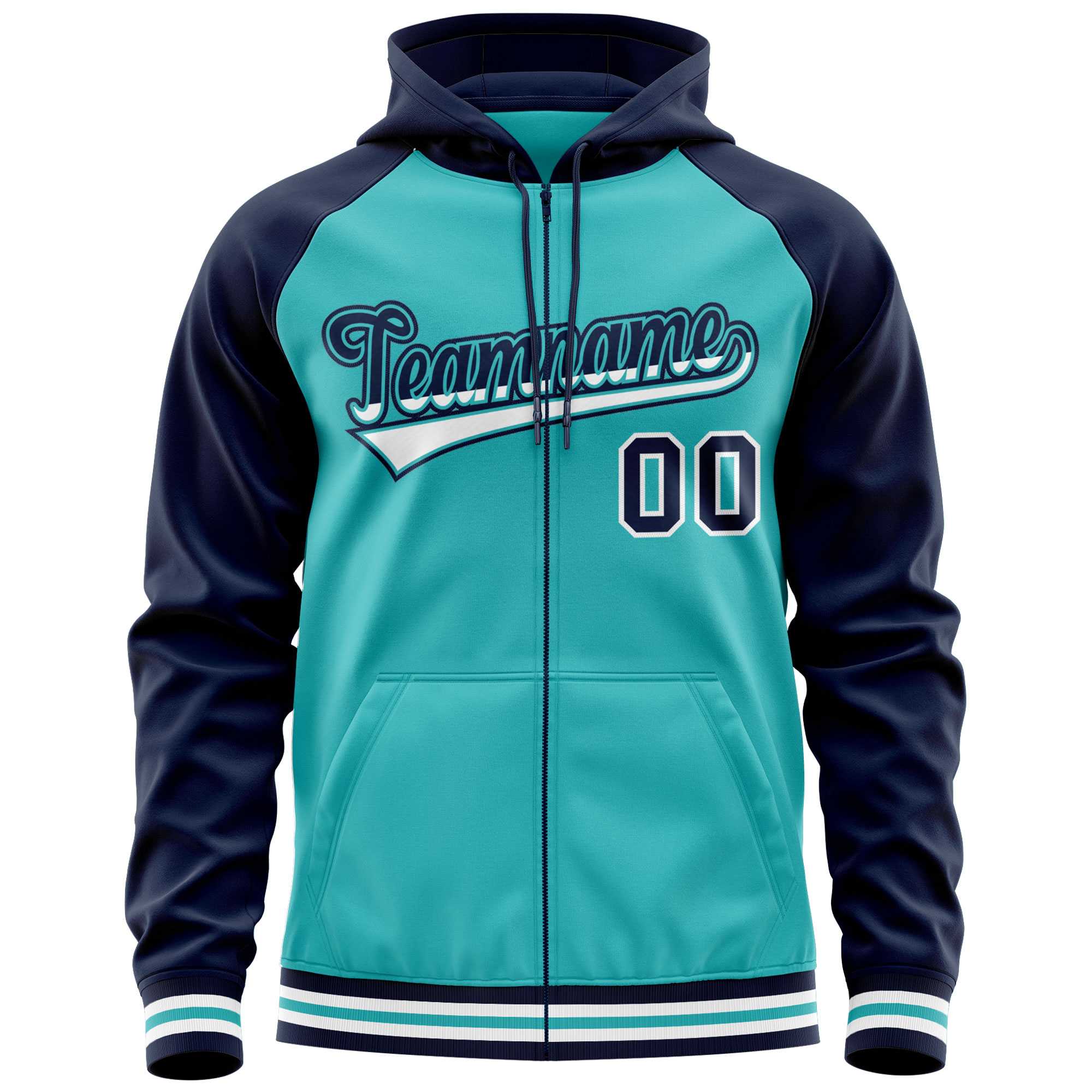 Custom Stitched Aqua Navy Raglan Sleeves Sports Full-Zip Sweatshirt Hoodie