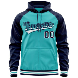 Custom Stitched Aqua Navy Raglan Sleeves Sports Full-Zip Sweatshirt Hoodie