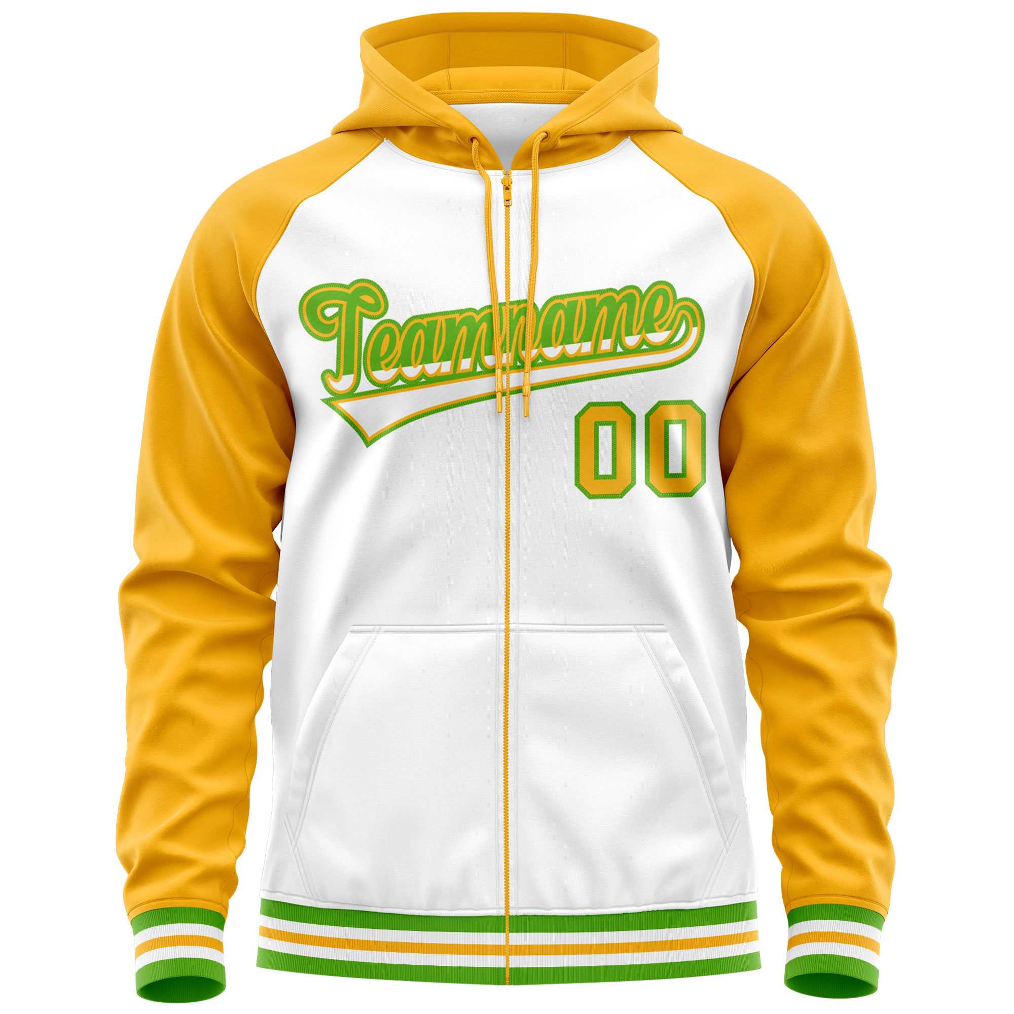 Custom Stitched White Yellow Raglan Sleeves Sports Full-Zip Sweatshirt Hoodie