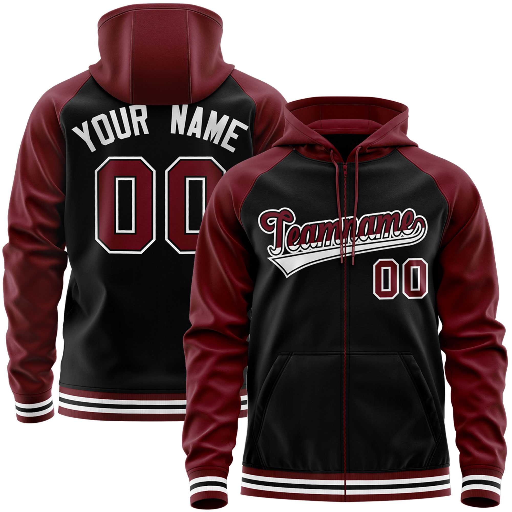 Custom Stitched Black Crimson Raglan Sleeves Sports Full-Zip Sweatshirt Hoodie