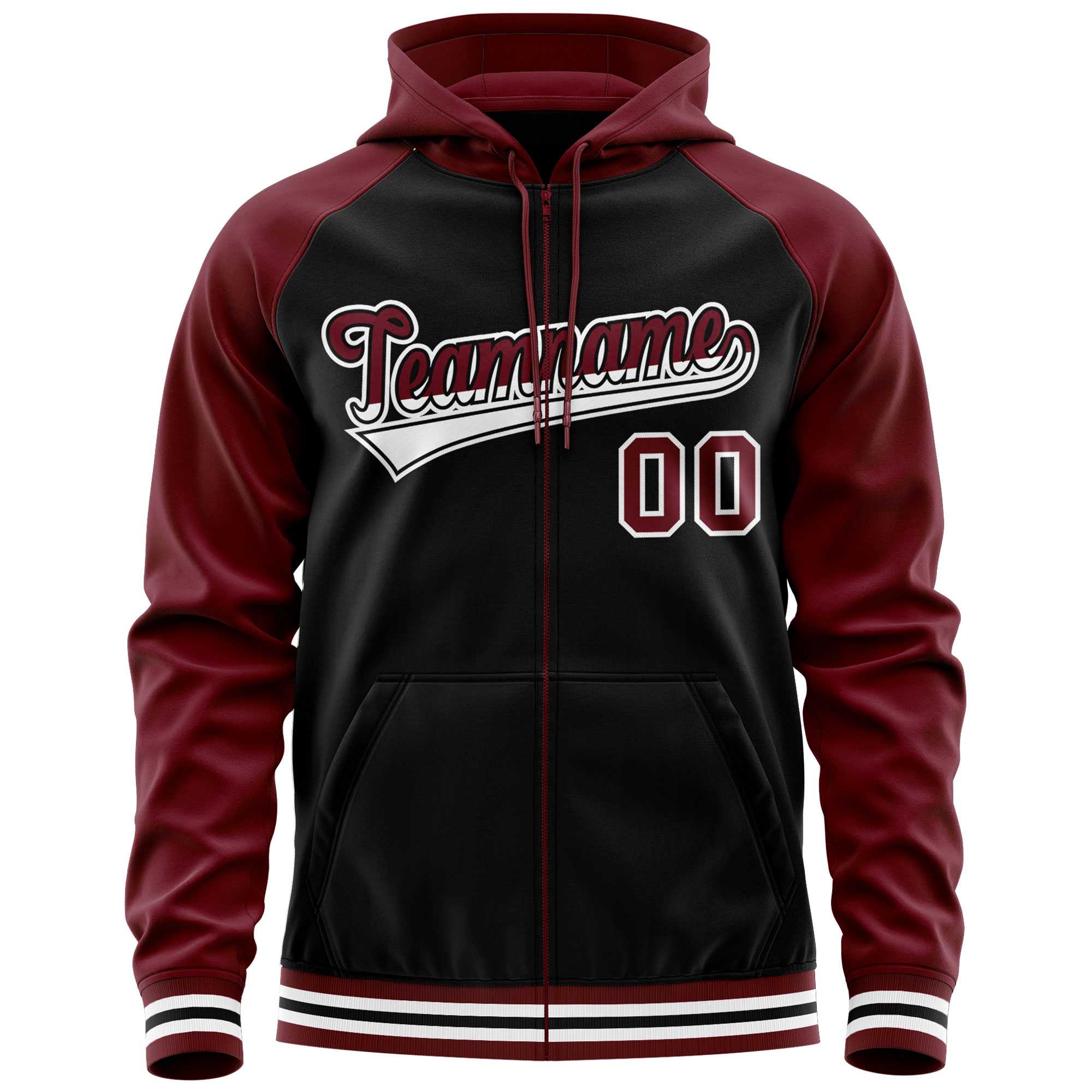 Custom Stitched Black Crimson Raglan Sleeves Sports Full-Zip Sweatshirt Hoodie