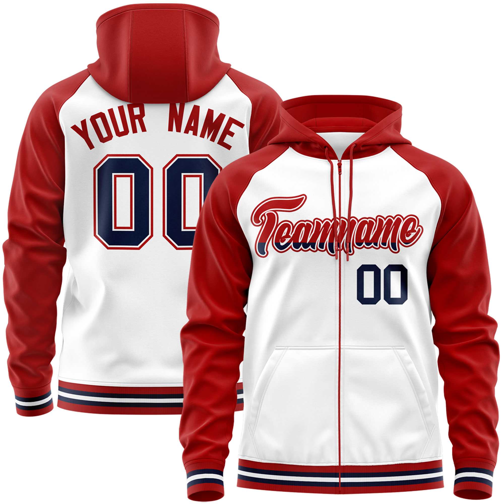 Custom Stitched White Red Raglan Sleeves Sports Full-Zip Sweatshirt Hoodie