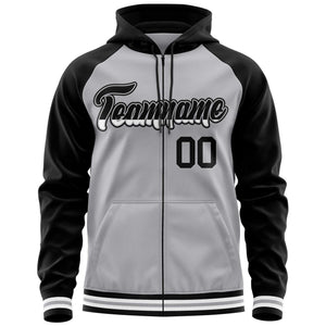 Custom Stitched Gray Black Raglan Sleeves Sports Full-Zip Sweatshirt Hoodie