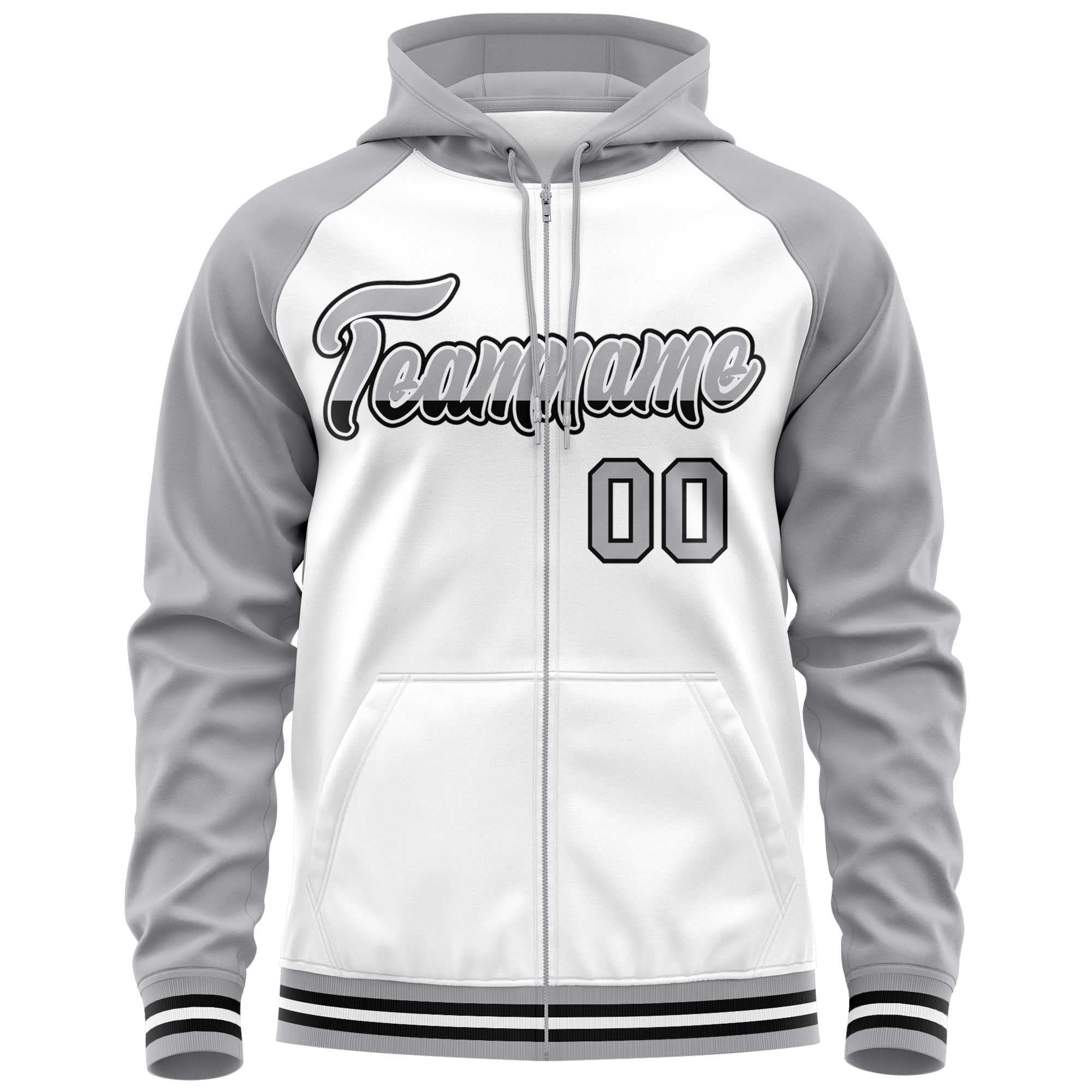 Custom Stitched White Light Gray Raglan Sleeves Sports Full-Zip Sweatshirt Hoodie