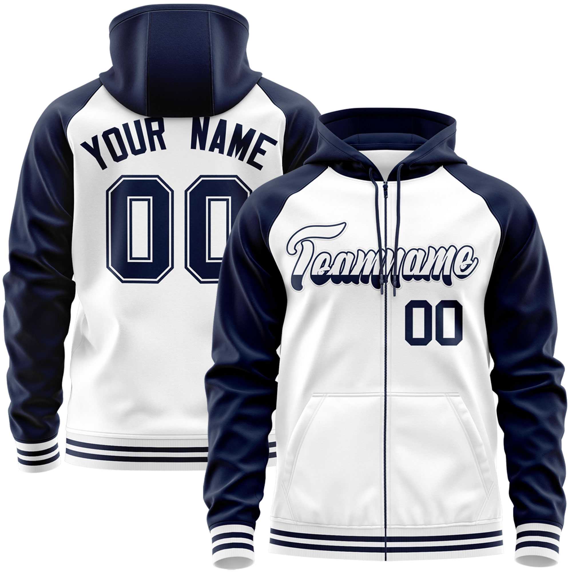 Custom Stitched White Navy Raglan Sleeves Sports Full-Zip Sweatshirt Hoodie