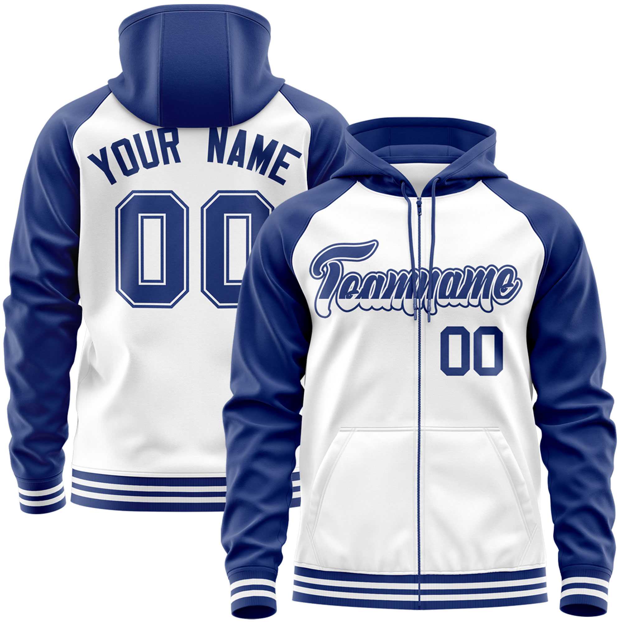 Custom Stitched White Royal Raglan Sleeves Sports Full-Zip Sweatshirt Hoodie