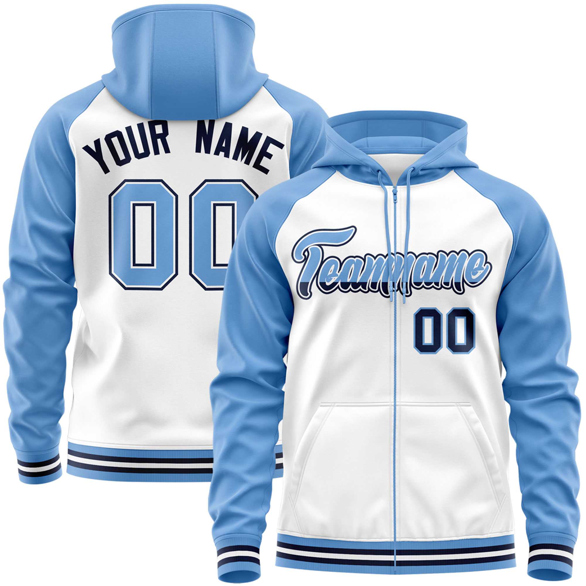 Custom Stitched White Powder Blue Raglan Sleeves Sports Full-Zip Sweatshirt Hoodie