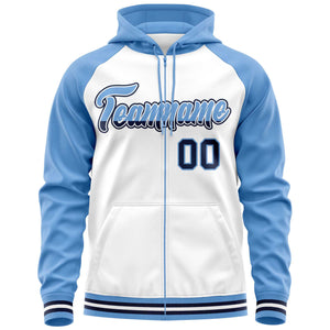 Custom Stitched White Powder Blue Raglan Sleeves Sports Full-Zip Sweatshirt Hoodie