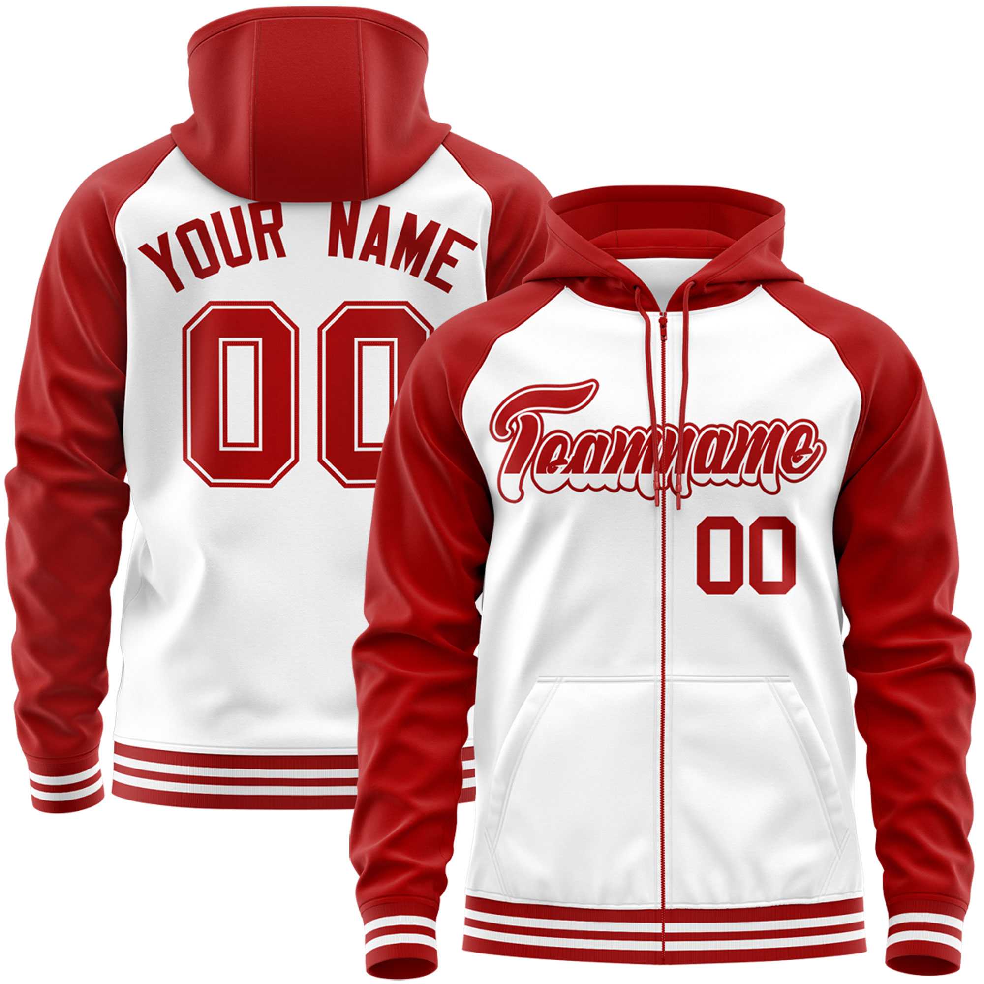 Custom Stitched White Red Raglan Sleeves Sports Full-Zip Sweatshirt Hoodie