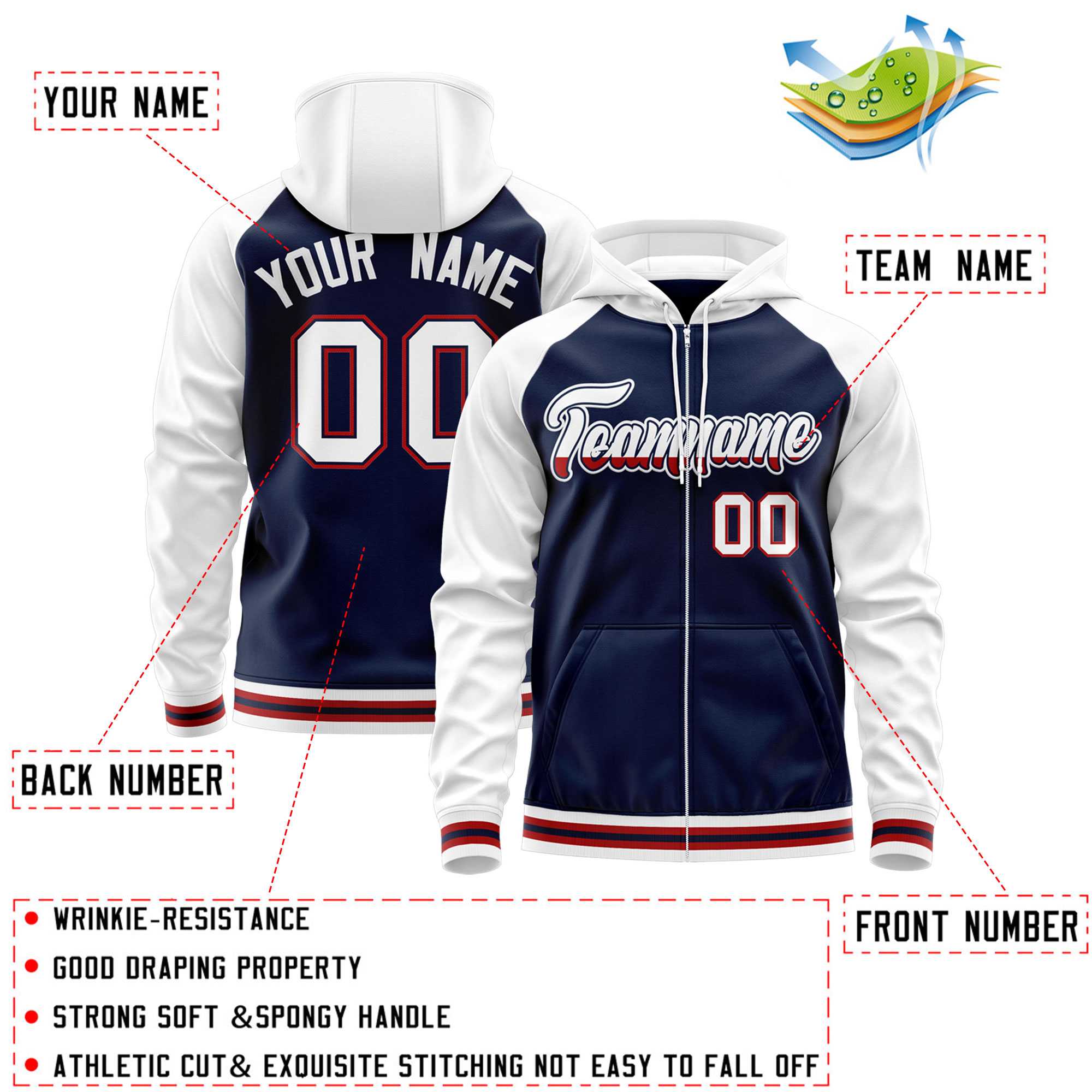 Custom Stitched Navy White Raglan Sleeves Sports Full-Zip Sweatshirt Hoodie