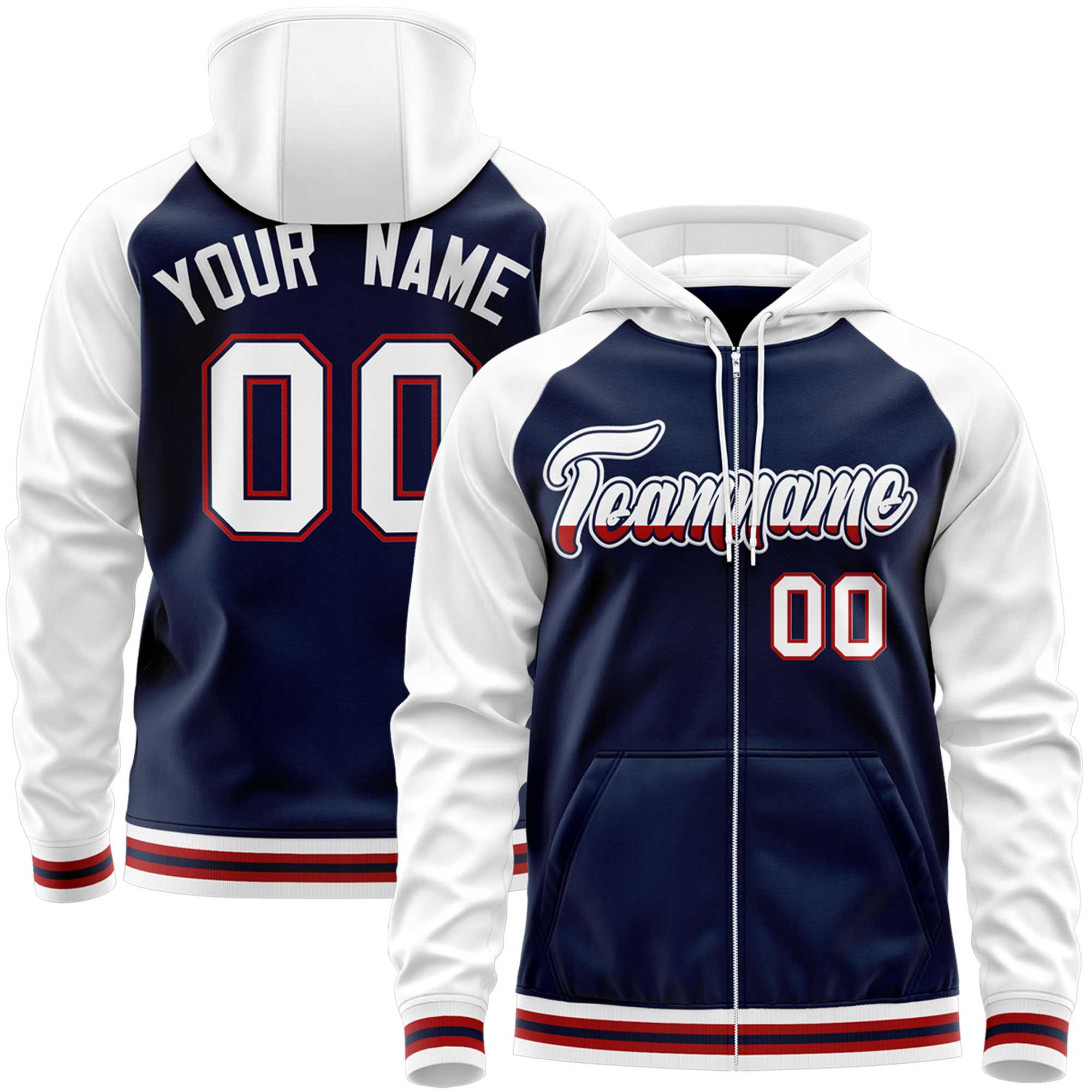 Custom Stitched Navy White Raglan Sleeves Sports Full-Zip Sweatshirt Hoodie