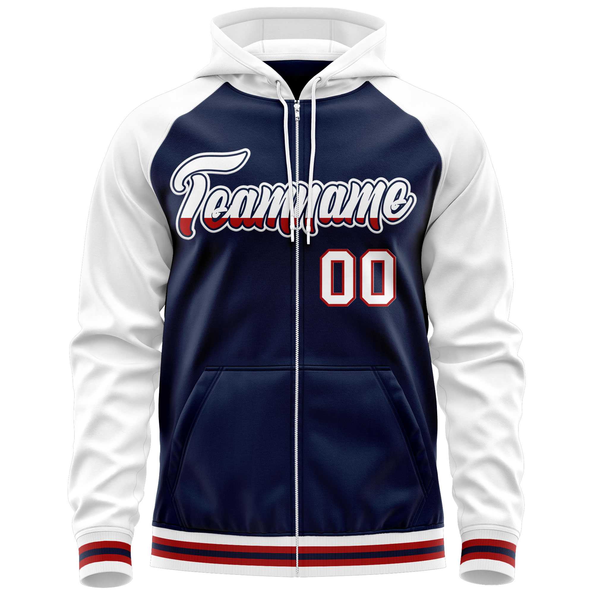 Custom Stitched Navy White Raglan Sleeves Sports Full-Zip Sweatshirt Hoodie