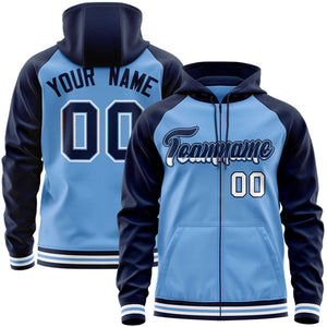 Custom Stitched Powder Blue Navy Raglan Sleeves Sports Full-Zip Sweatshirt Hoodie