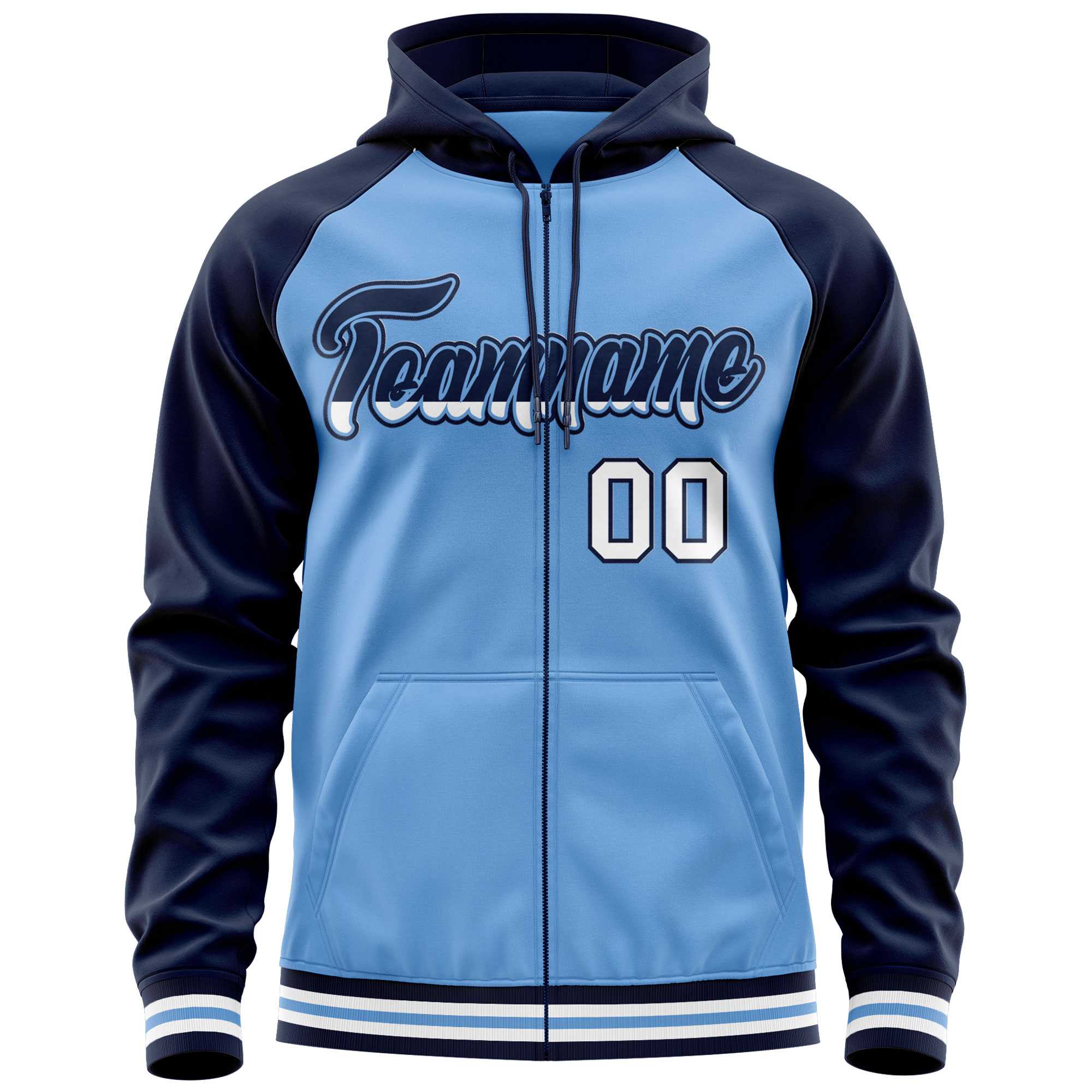 Custom Stitched Powder Blue Navy Raglan Sleeves Sports Full-Zip Sweatshirt Hoodie