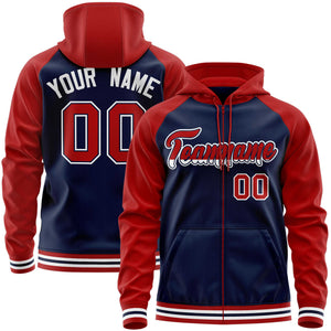 Custom Stitched Navy Red Raglan Sleeves Sports Full-Zip Sweatshirt Hoodie