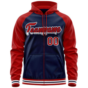 Custom Stitched Navy Red Raglan Sleeves Sports Full-Zip Sweatshirt Hoodie