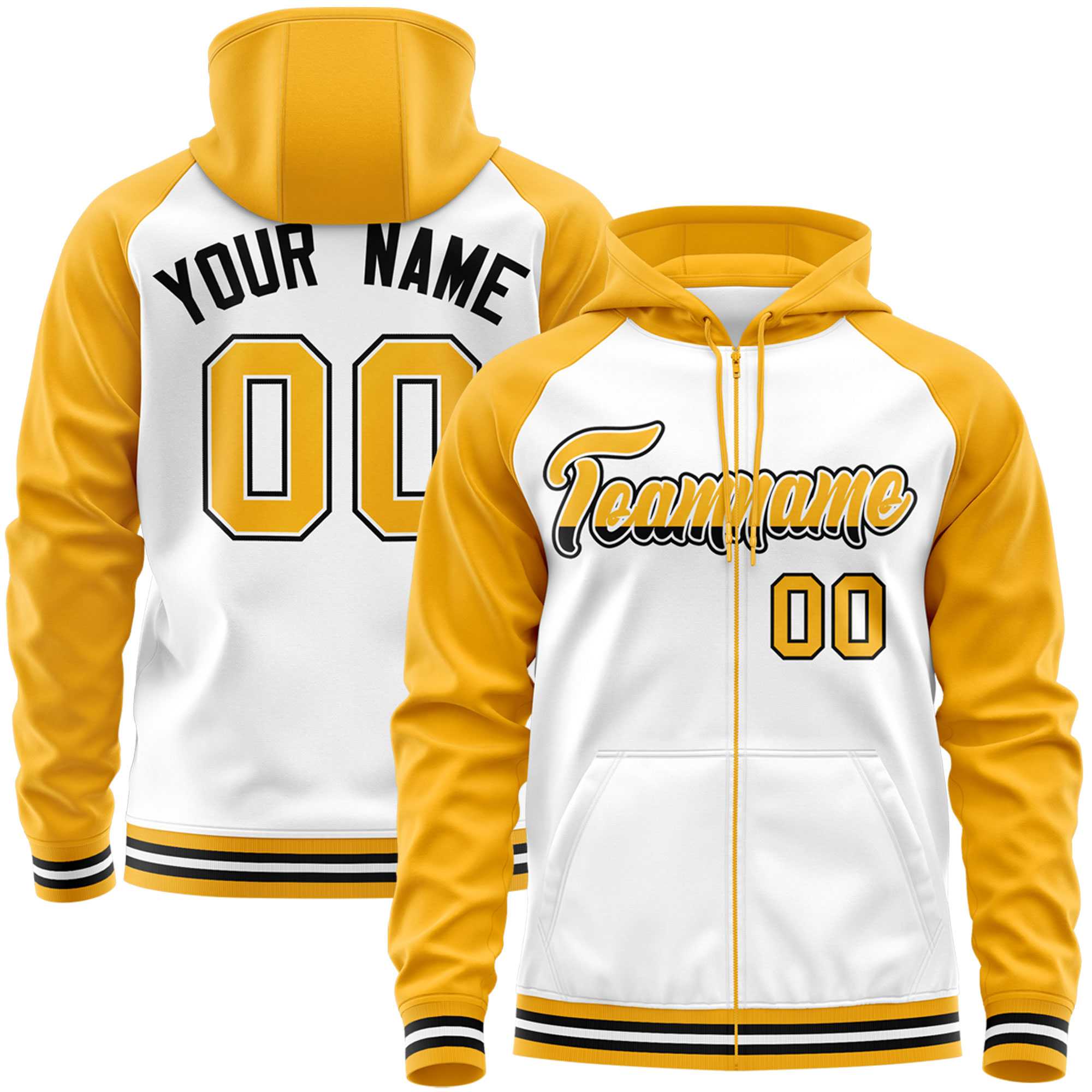 Custom Stitched White Yellow Raglan Sleeves Sports Full-Zip Sweatshirt Hoodie