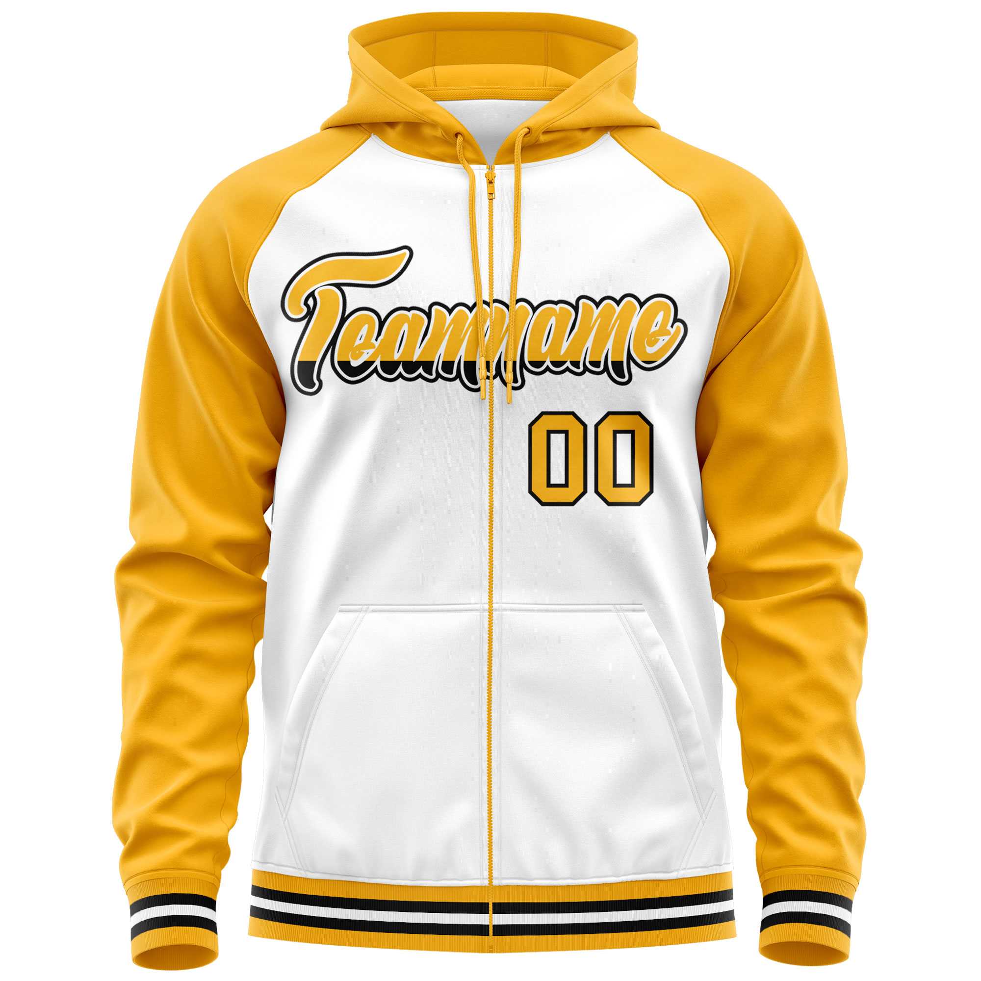 Custom Stitched White Yellow Raglan Sleeves Sports Full-Zip Sweatshirt Hoodie