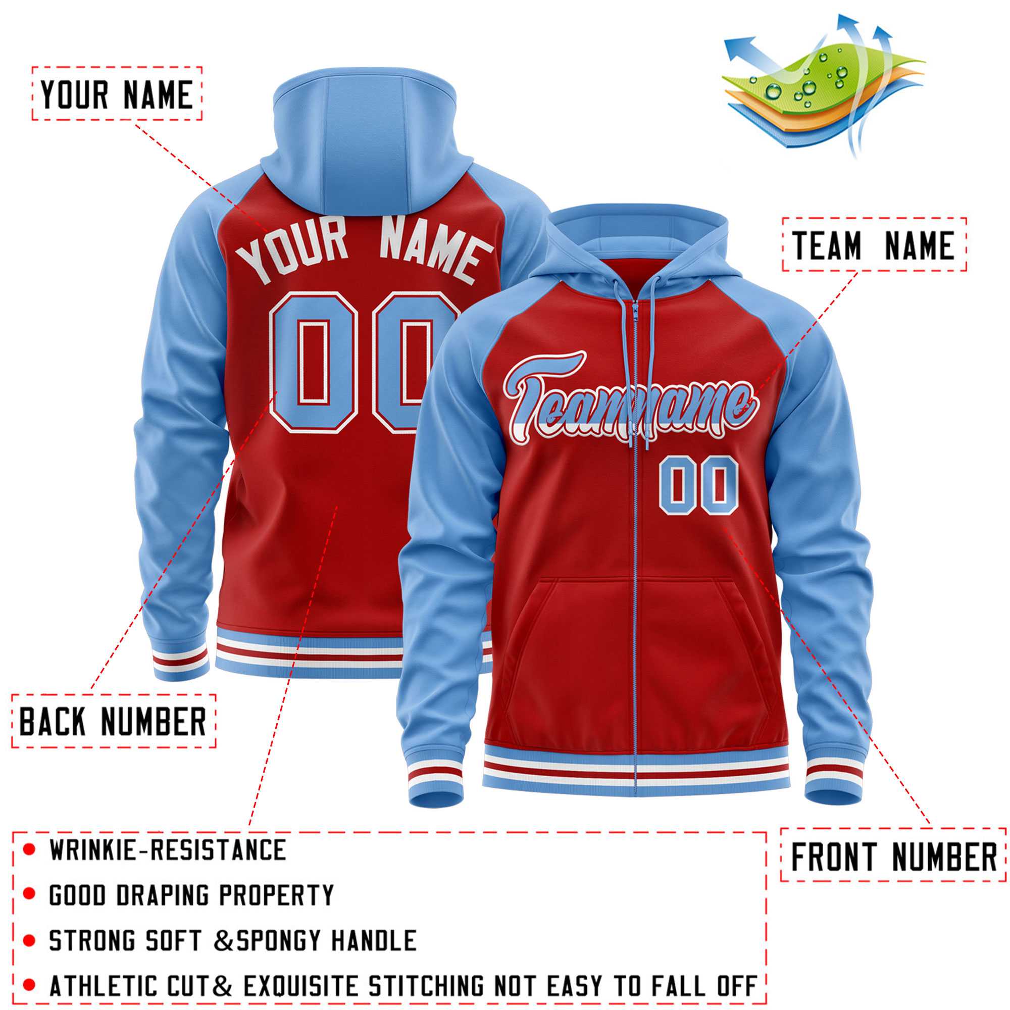 Custom Stitched Red Powder Blue Raglan Sleeves Sports Full-Zip Sweatshirt Hoodie