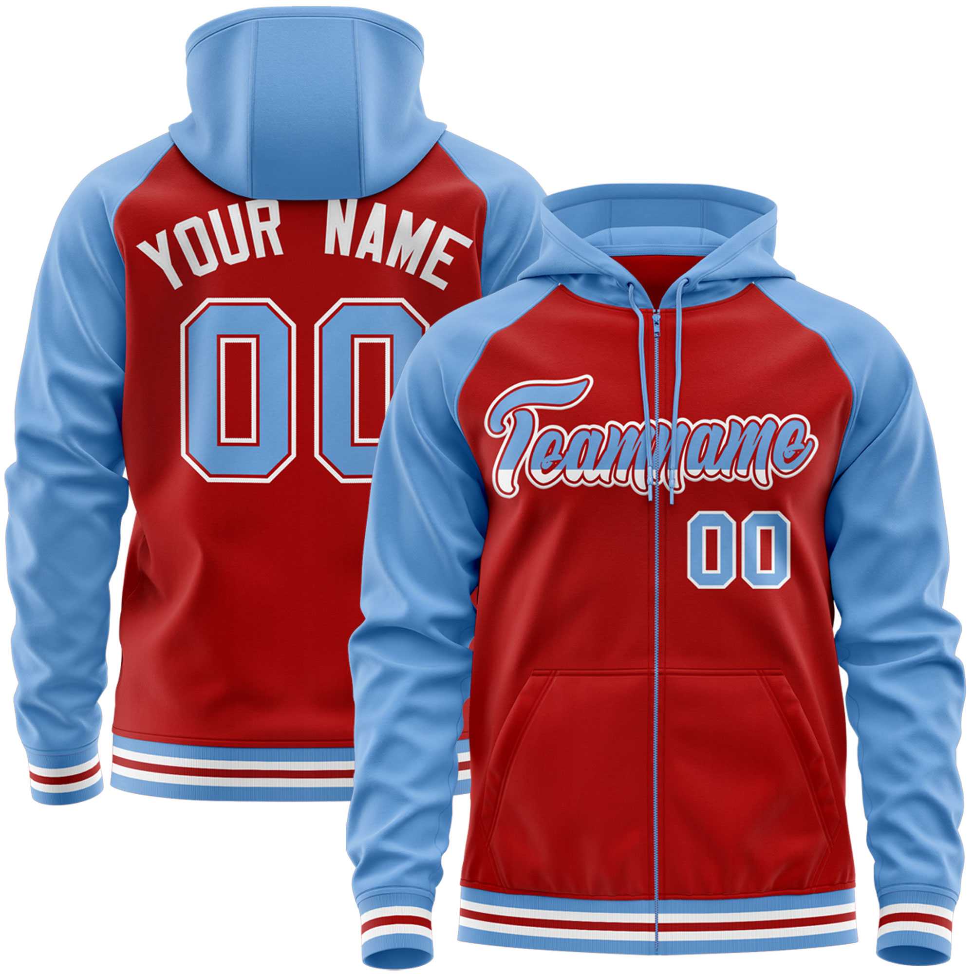 Custom Stitched Red Powder Blue Raglan Sleeves Sports Full-Zip Sweatshirt Hoodie