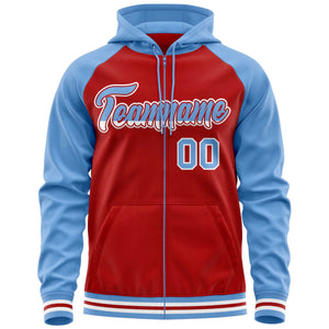 Custom Stitched Red Powder Blue Raglan Sleeves Sports Full-Zip Sweatshirt Hoodie