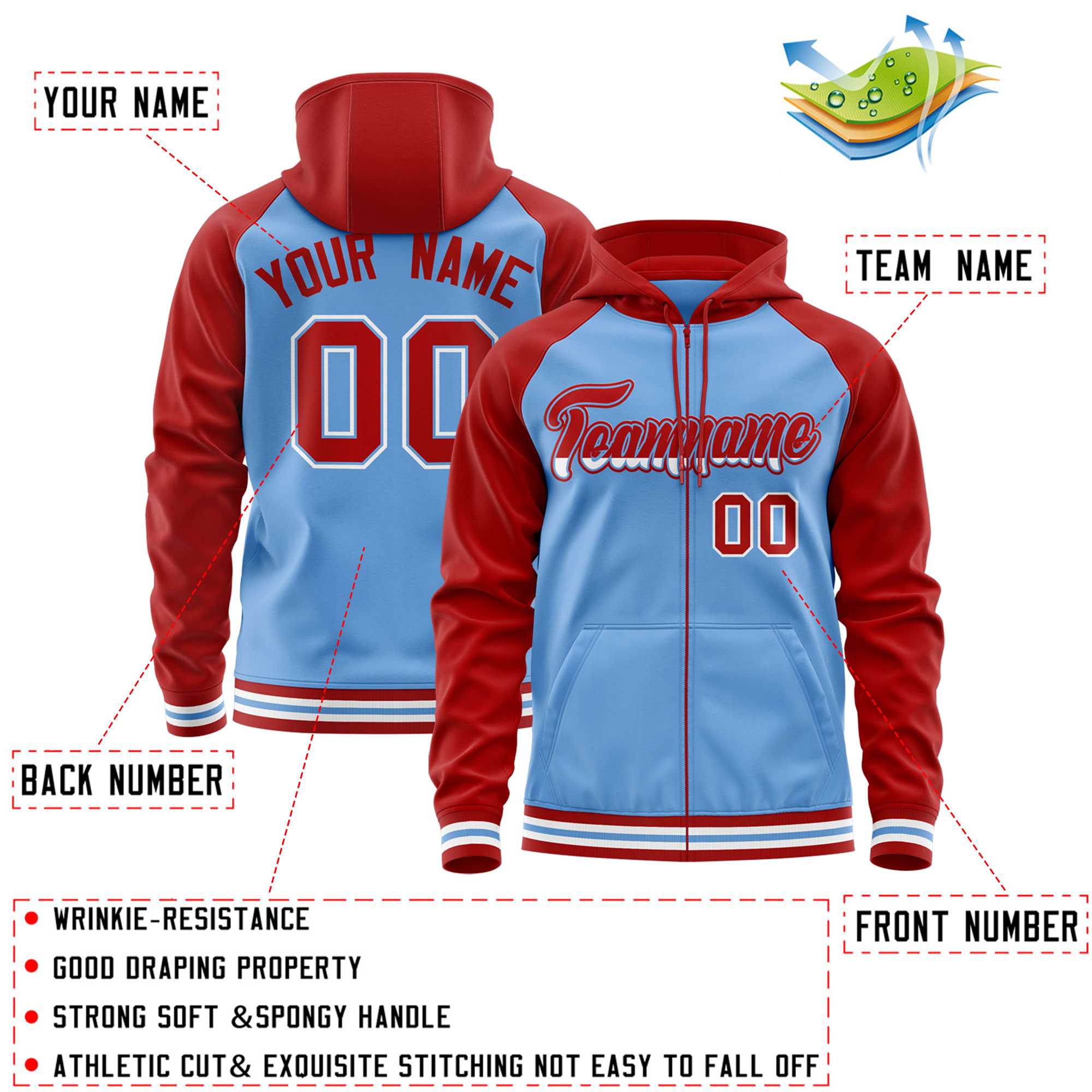 Custom Stitched Powder Blue Red Raglan Sleeves Sports Full-Zip Sweatshirt Hoodie