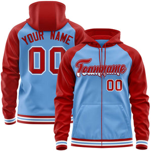 Custom Stitched Powder Blue Red Raglan Sleeves Sports Full-Zip Sweatshirt Hoodie