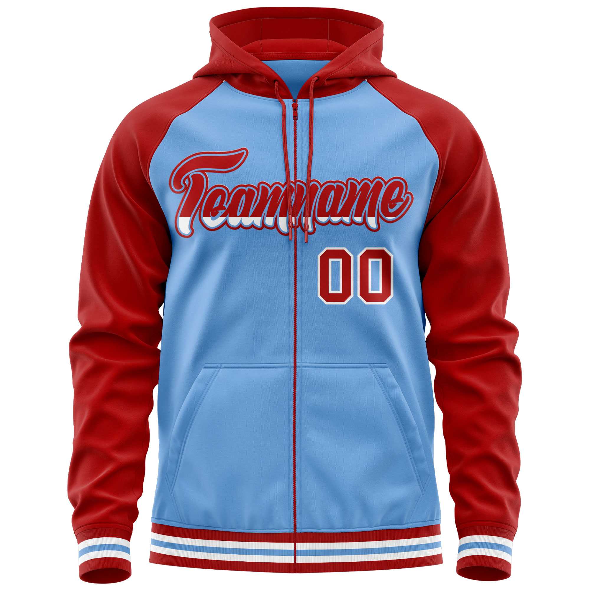 Custom Stitched Powder Blue Red Raglan Sleeves Sports Full-Zip Sweatshirt Hoodie