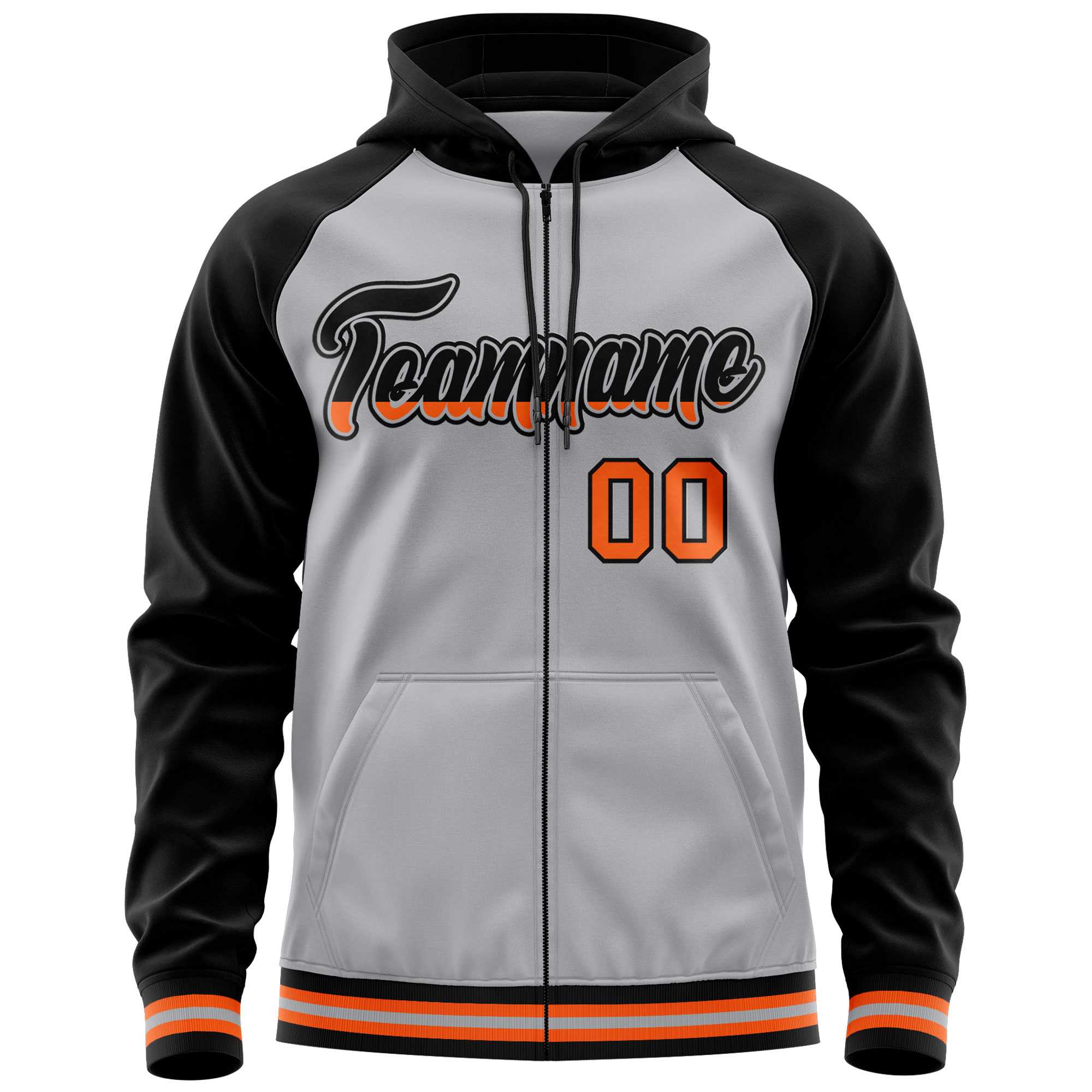 Custom Stitched Gray Black Raglan Sleeves Sports Full-Zip Sweatshirt Hoodie