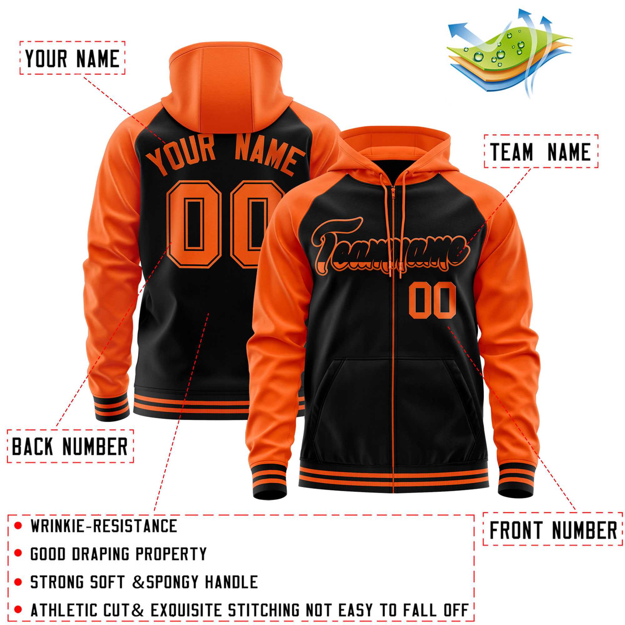 Custom Stitched Black Orange Raglan Sleeves Sports Full-Zip Sweatshirt Hoodie